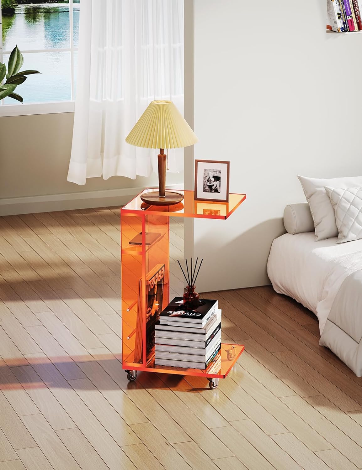 Clear Acrylic Side Table on Lockable Wheels, C Shaped End Table for Sofa, Small Coffee Tables for Small Spaces (Orange)