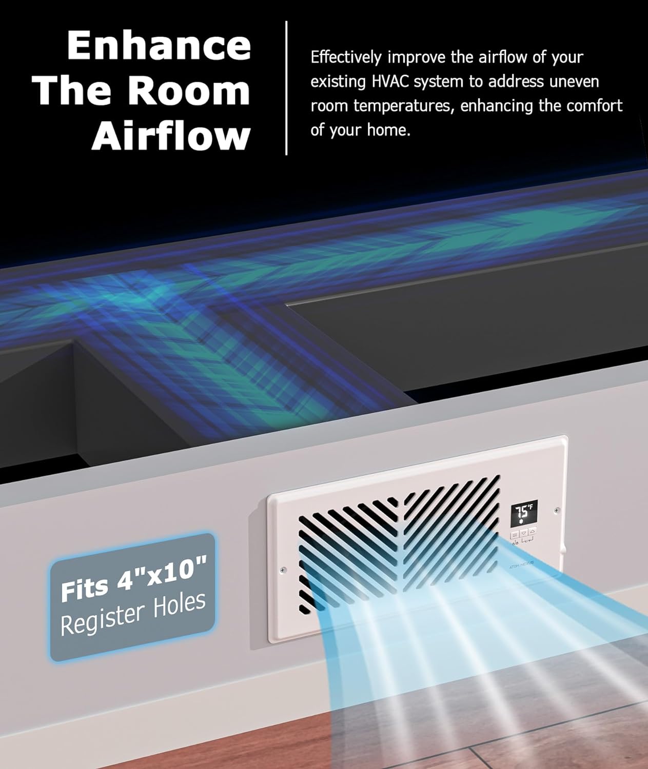 Quiet Register Booster Fan Fits 4”x10” Register Holes, Smart Vent Booster Fan with Thermostat & Remote Control, 10-Speed Control Heating Cooling AC Vent (White)