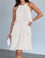 ZESICA Women's 2024 Summer Halter Dresses Sleeveless Ruffle Tiered Layered Chiffon Pleated A Line Swing Mini Dress,White,Small