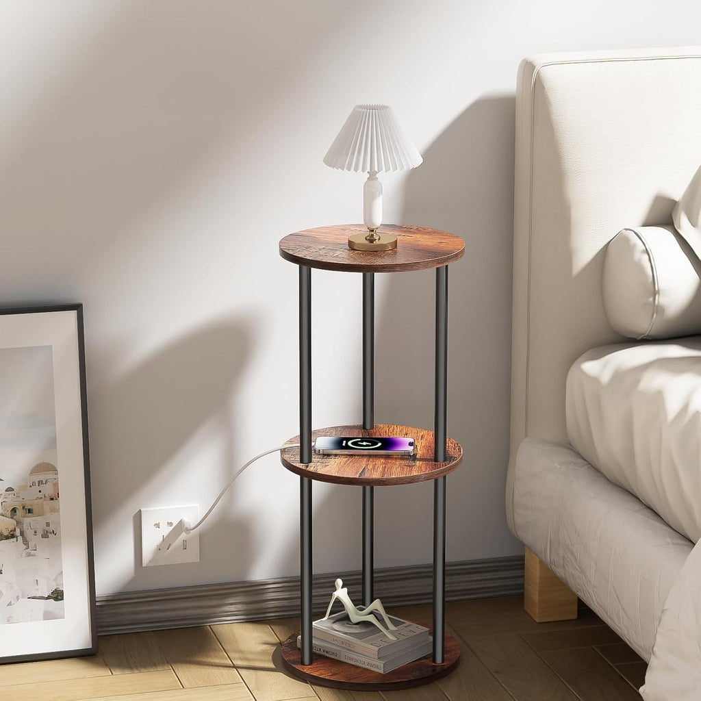 11.8'D Round Drink Table - 3-Tier Small Side Table with Wood Legs, End Table for Small Space, Balcony & Office | Space-Saving, Multi-Functional (Plants, Books, Drinks), Brown