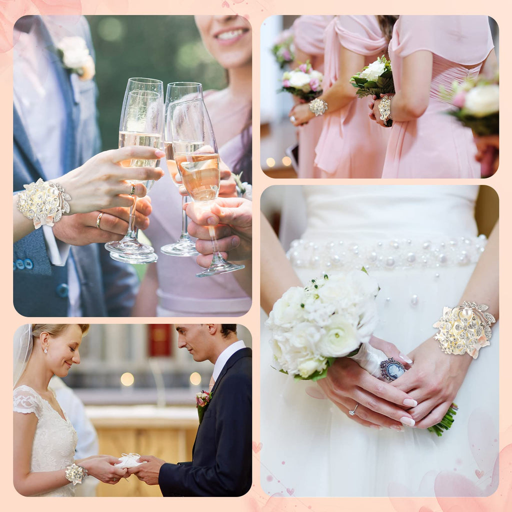 MTLEE 2 Pieces Rhinestone Wrist Corsage Wedding Corsage Wristlet Bracelet Silk Wrist Flower with Peal and Diamond for Wedding Bridesmaid Bridal Shower Prom Party(Silver Ivory)