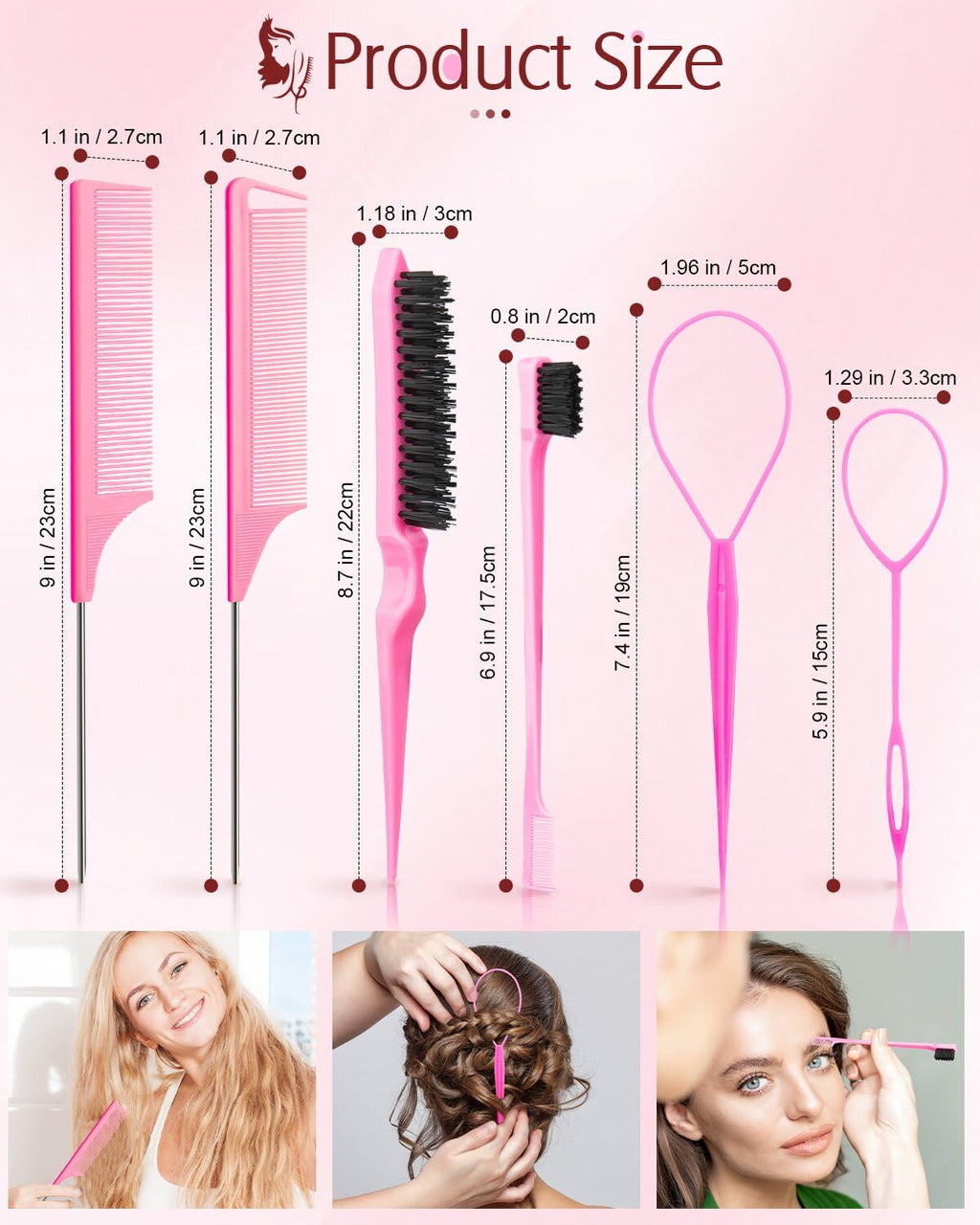 Aigee 8 dele hårstyling kammesæt inkluderer 4 stk Topsy hårhaleværktøjer, 2 stilarter af rottehale kam, 1 stk børste til teasing og glat tilbage hår, 1 stk kantkontrolbørste, øjenbrynsbørste til kvinde pige pink