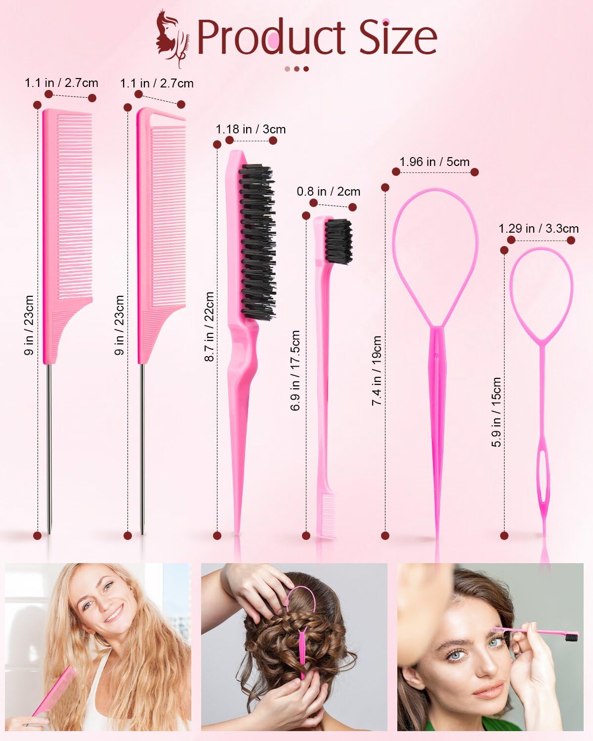 Aigee 8 dele hårstyling kammesæt inkluderer 4 stk Topsy hårhaleværktøjer, 2 stilarter af rottehale kam, 1 stk børste til teasing og glat tilbage hår, 1 stk kantkontrolbørste, øjenbrynsbørste til kvinde pige pink