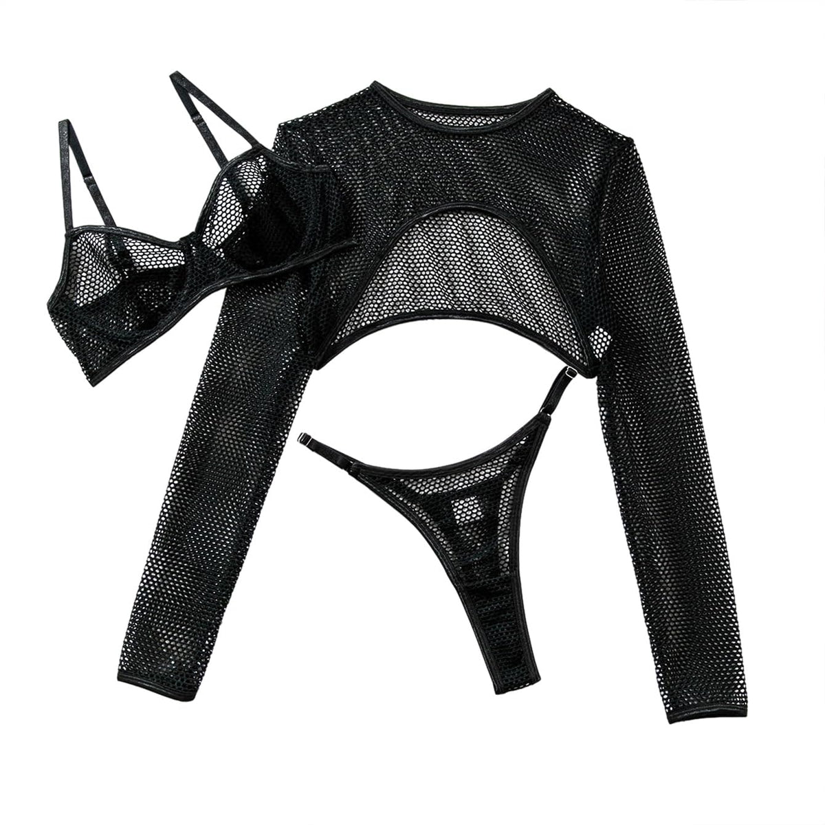 Lilosy Sexy Visnet Transparante Beugel Rave Outfits Lange Mouw Top Beha Slipje 3-delige Doorzichtige Lingerie Set Zwart Medium