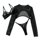 Lilosy Sexy Visnet Transparante Beugel Rave Outfits Lange Mouw Top Beha Slipje 3-delige Doorzichtige Lingerie Set Zwart Medium