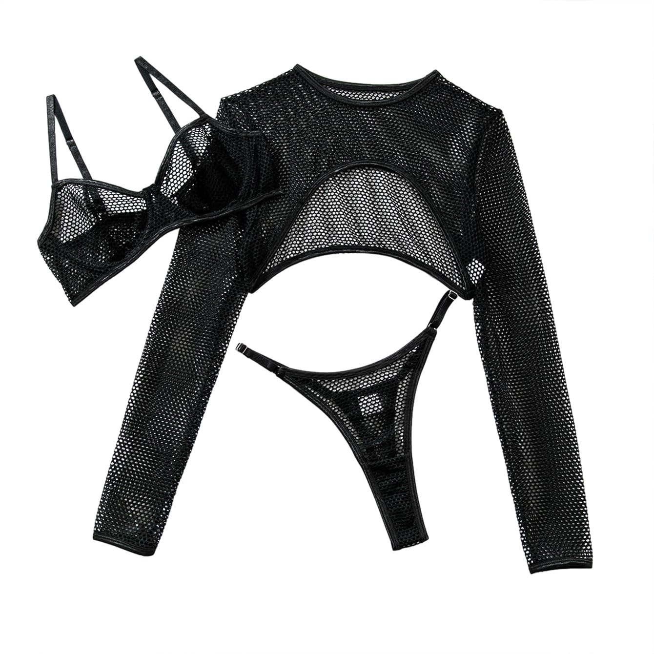 Lilosy Sexy Fishnet Sheer Underwire Rave Outfits Long Sleeve Top Bra Panty 3 Piece See Through Lingerie Set Black Medium