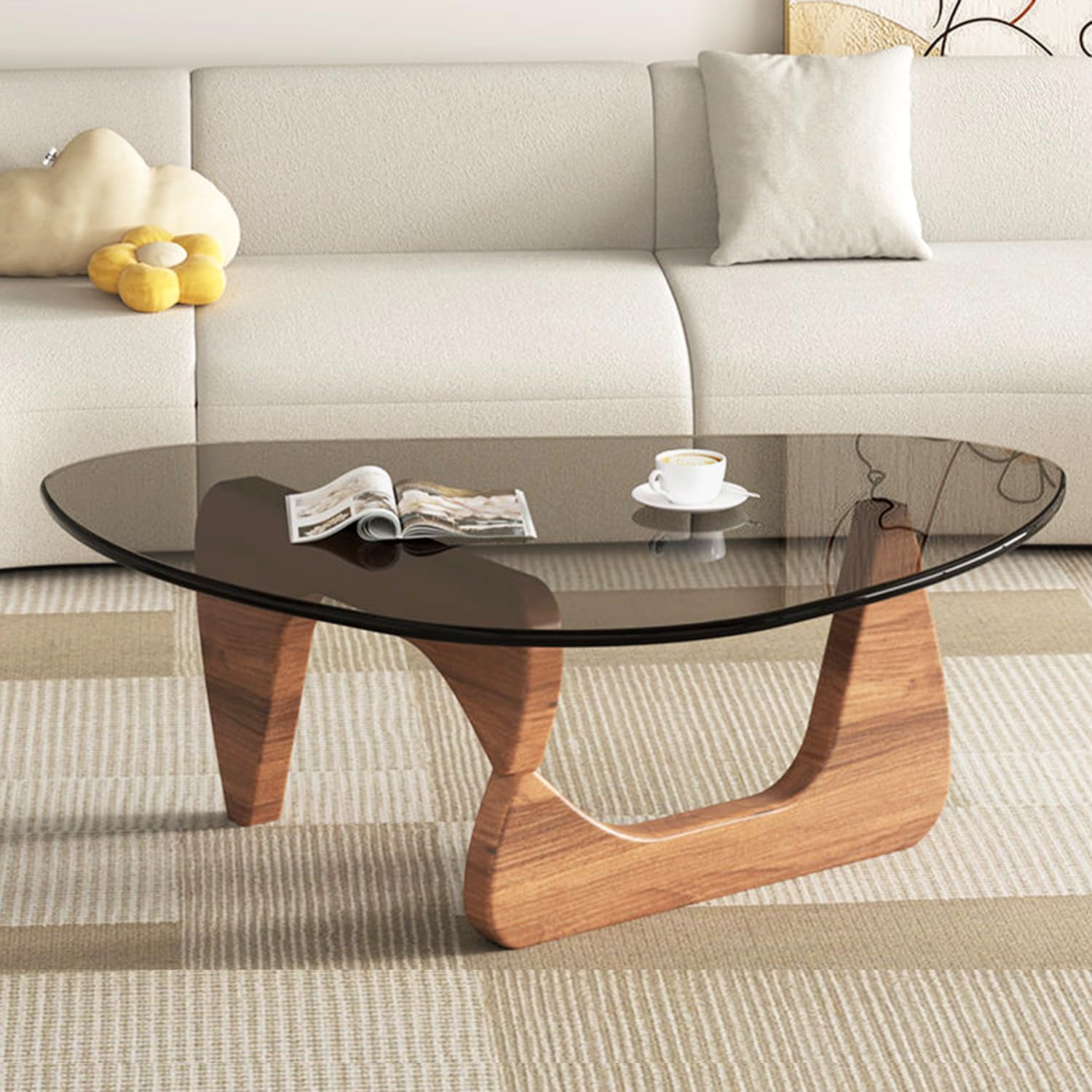 Modern Glass Coffee Table for Living Room, Small mid Century Coffee Table, Stylish Coffee Tables Suitable for Bedroom Living Room Reception Office Tables（Walnut/Transparent，Small）