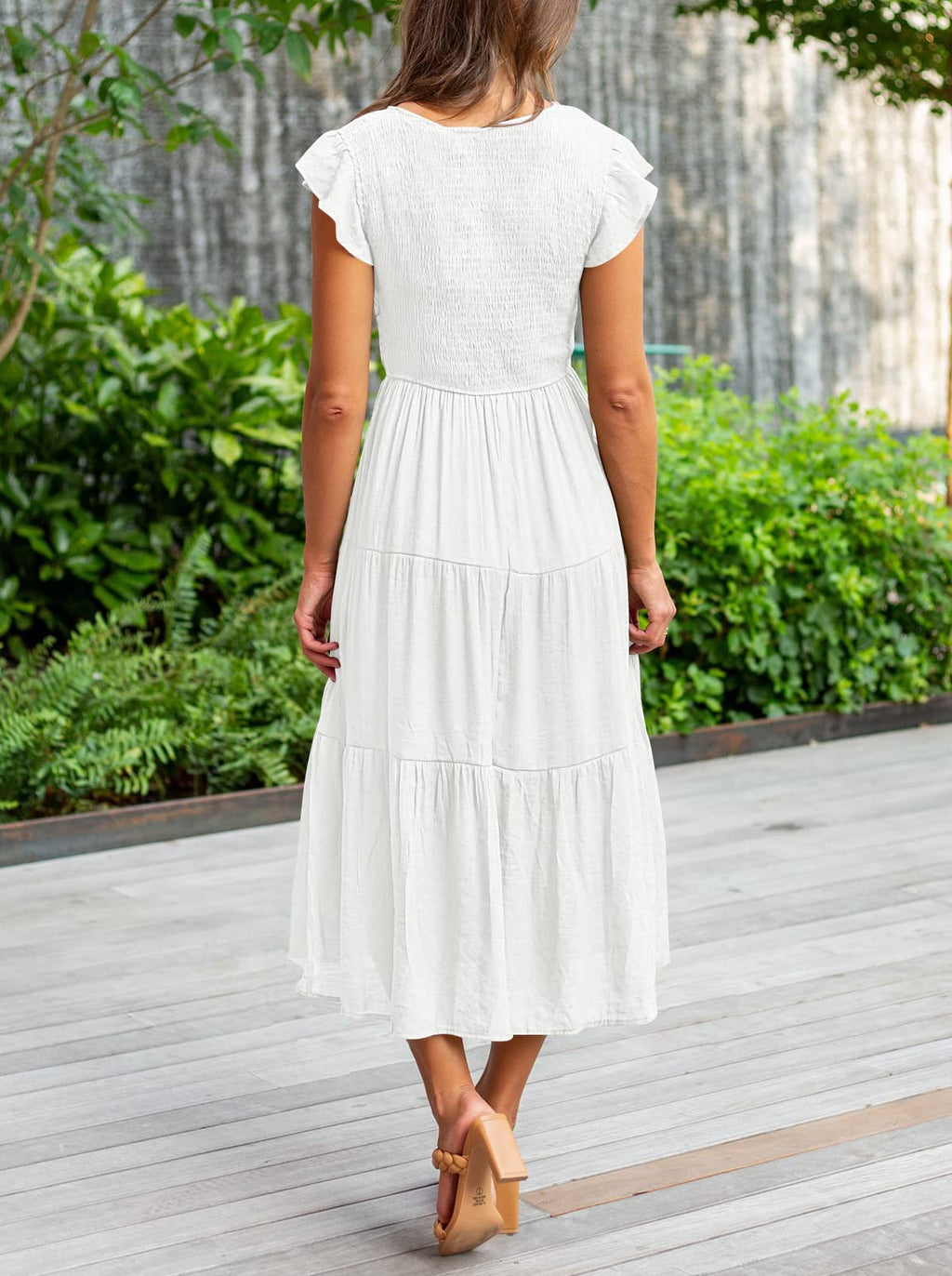 MEROKEETY Women's 2025 Summer Smocked V Neck Tiered Swing Long Midi Dress with Pockets, White, M