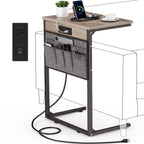 Vagusicc C Shaped End Table with Charging Station, 28" Tall Side Table for Couch, Sofa Table Small Couch Side Coffee Tables, Slide Under Sofa TV Tray Arm C Table for Living Room, Bedroom, Bedside