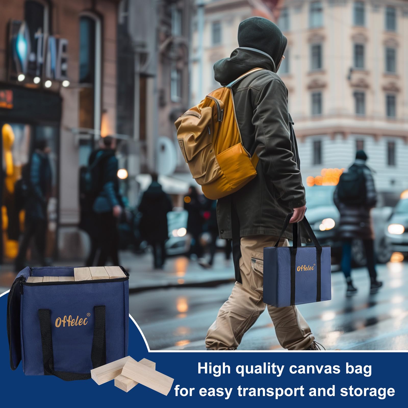 Offelec Tumbling Tower Blocks Games,Large Wooden Blocks Stacking Game for Kids Adults Family Classic Stacking Board Games for Indoor Outdoor Backyard Lawn Stack to Over 3.2Ft- 60pcs with Carrying Bag