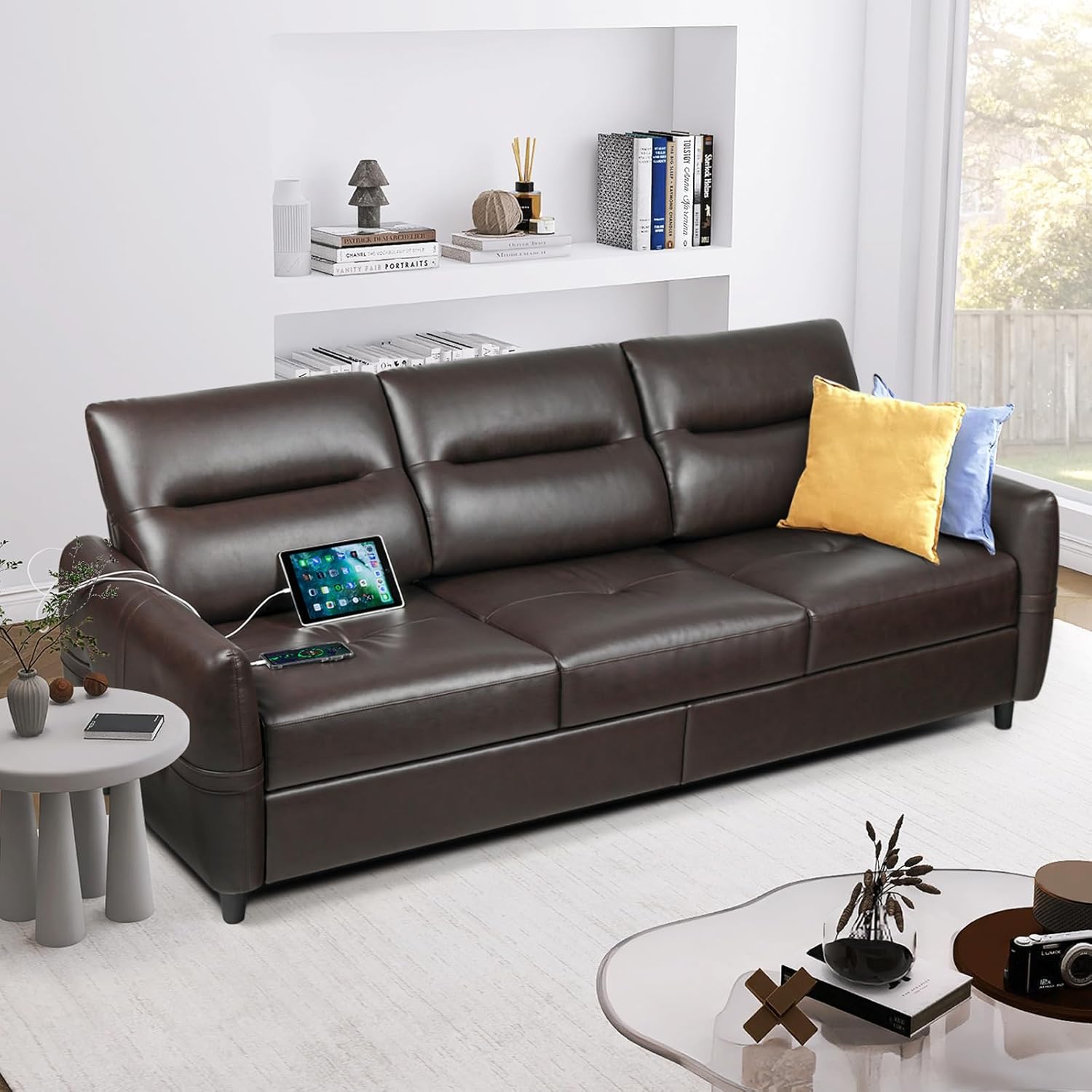 STHOUYN 85” Faux Leather Sofa Brown Leather Couch with USB, Mid Century Modern 3 Seater Couches Sofas Living Room Apartment, Large Office Sofa Couch, Stain Resistant & 3 Tufted Cushion (Brown)