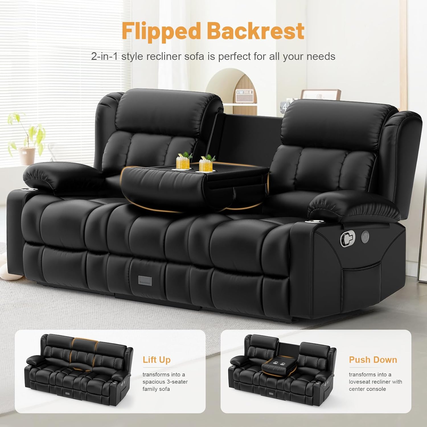 Loveseat Recliner Sofa, Flip Middle Backrest Design PU Leather 3 Seat Reclining Sofa with Storage Drawer, Manual Couch for Living Room/RV (Black, PU)