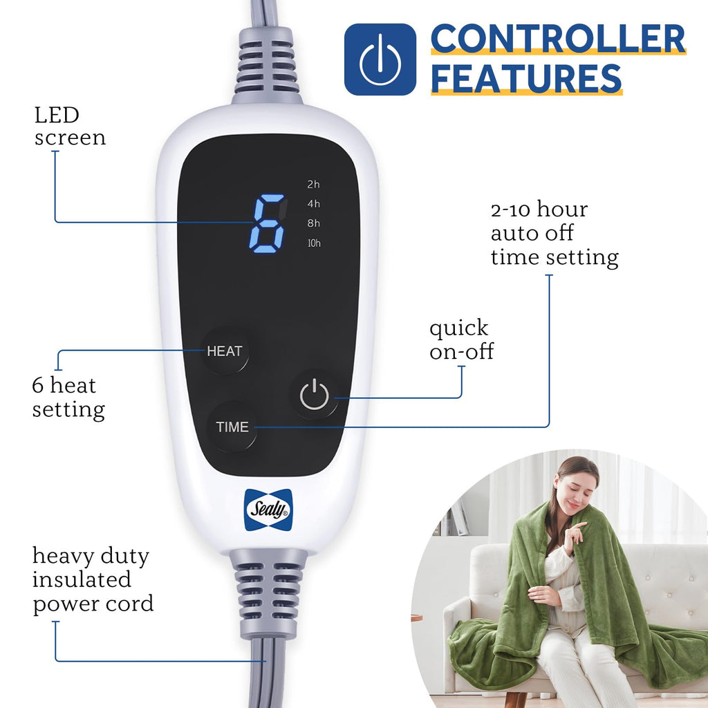 SEALY Electric Blanket Throw, Flannel Heated Blanket with 6 Heat Settings & 2-10 Hours Auto Shut Off, Fast Heating & Machine Washable for Home Office Use, 50x60 Inch, Light Grey