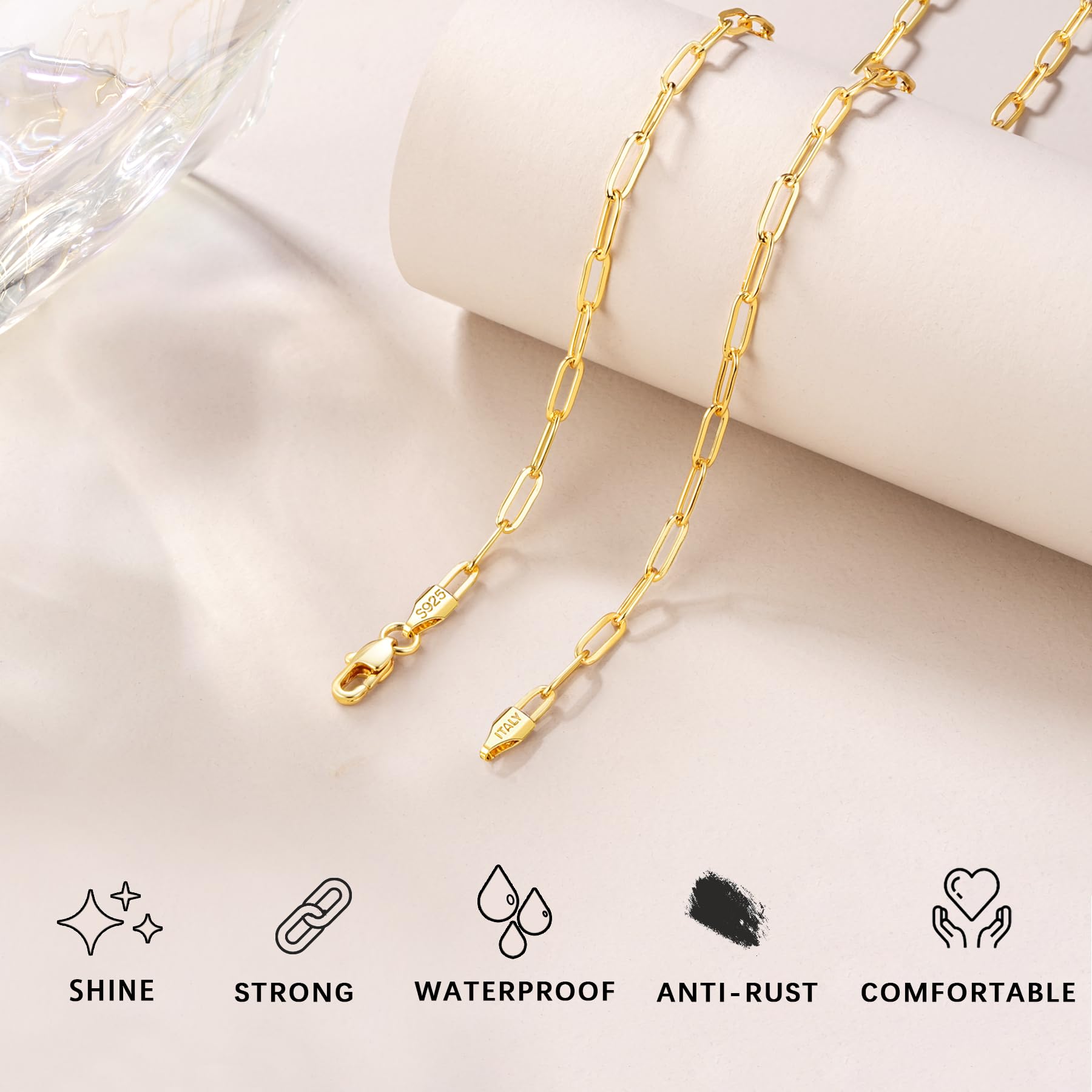 Eterjew Italia Collana a Catena a Fermaglio in Oro Placcato 18K Solido da 3mm per Donne, Collana a Catena a Fermaglio in Oro per Donne, Collana d'Oro per Donne 20 Pollici