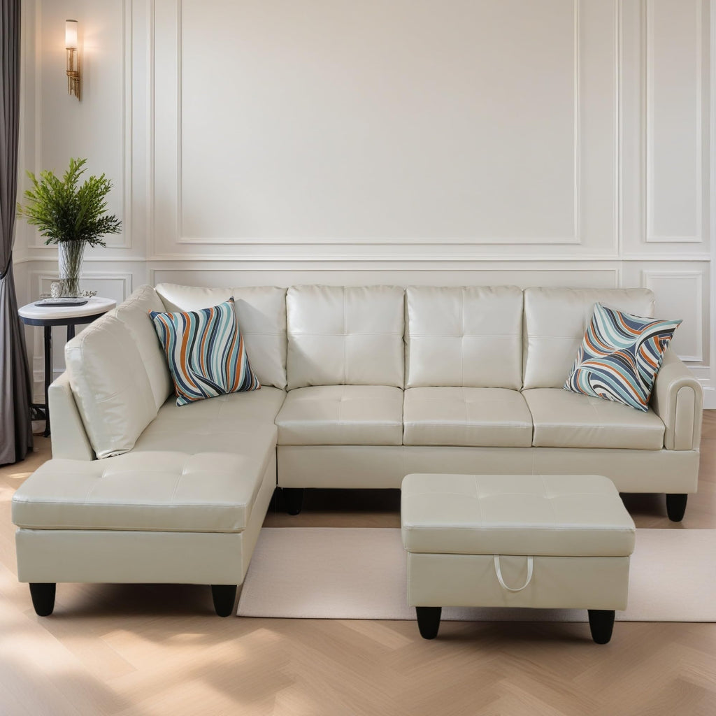 Leather Sectional Couch, Modern L Shaped Couches for Living Room, Comfy 4 Seat Modular Sectional Sofa with Ottoman Storage for Bedroom Apartment, Black