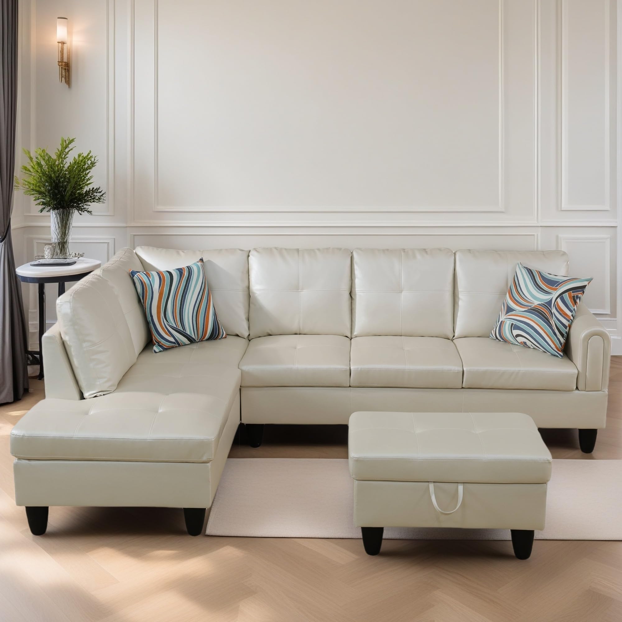 Leather Sectional Couch, Modern L Shaped Couches for Living Room, Comfy 4 Seat Modular Sectional Sofa with Ottoman Storage for Bedroom Apartment, Black