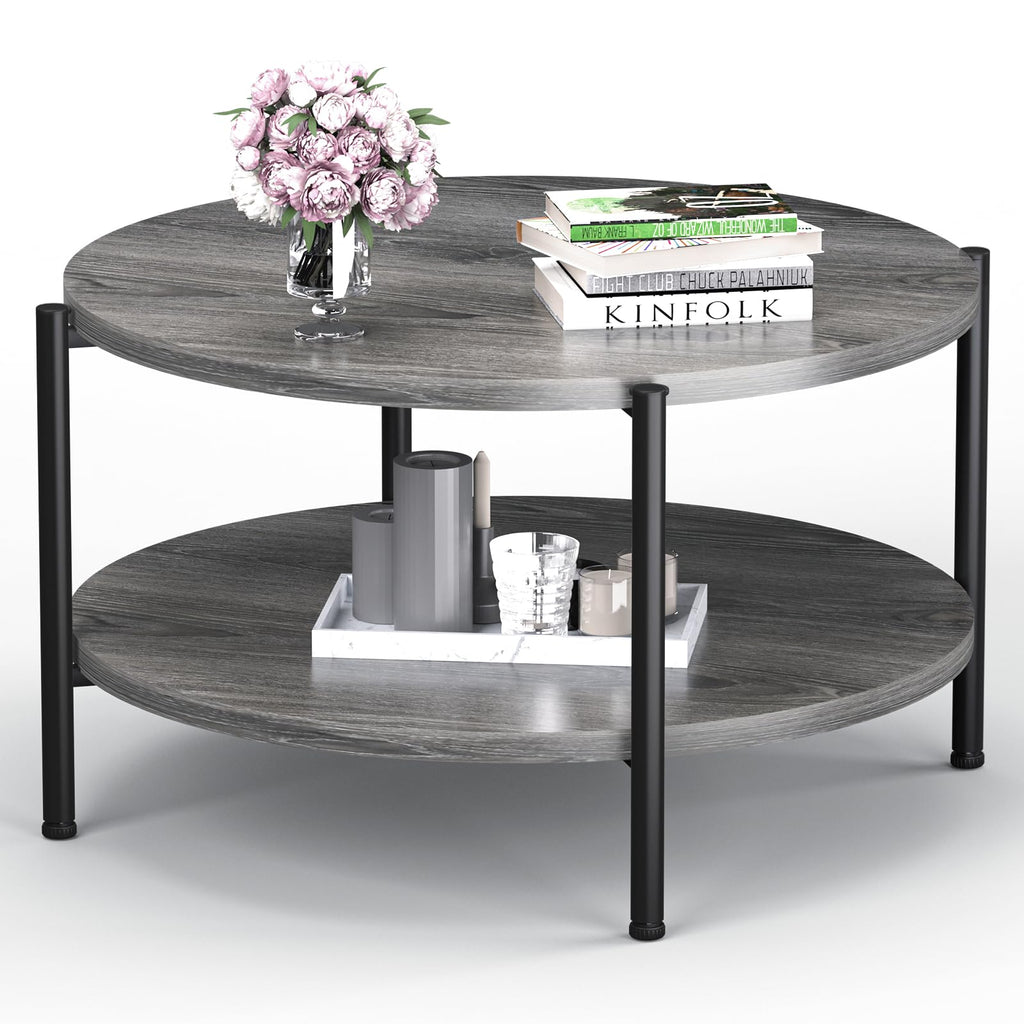 Round Coffee Table, Small Coffee Tables for Living Room, Wood Coffee Table with Metal Frame, Floor Table Desk for Sitting on The Floor, Home, Office, Farmhouse, Rustic Brown (23.6"D x 17.7"H)