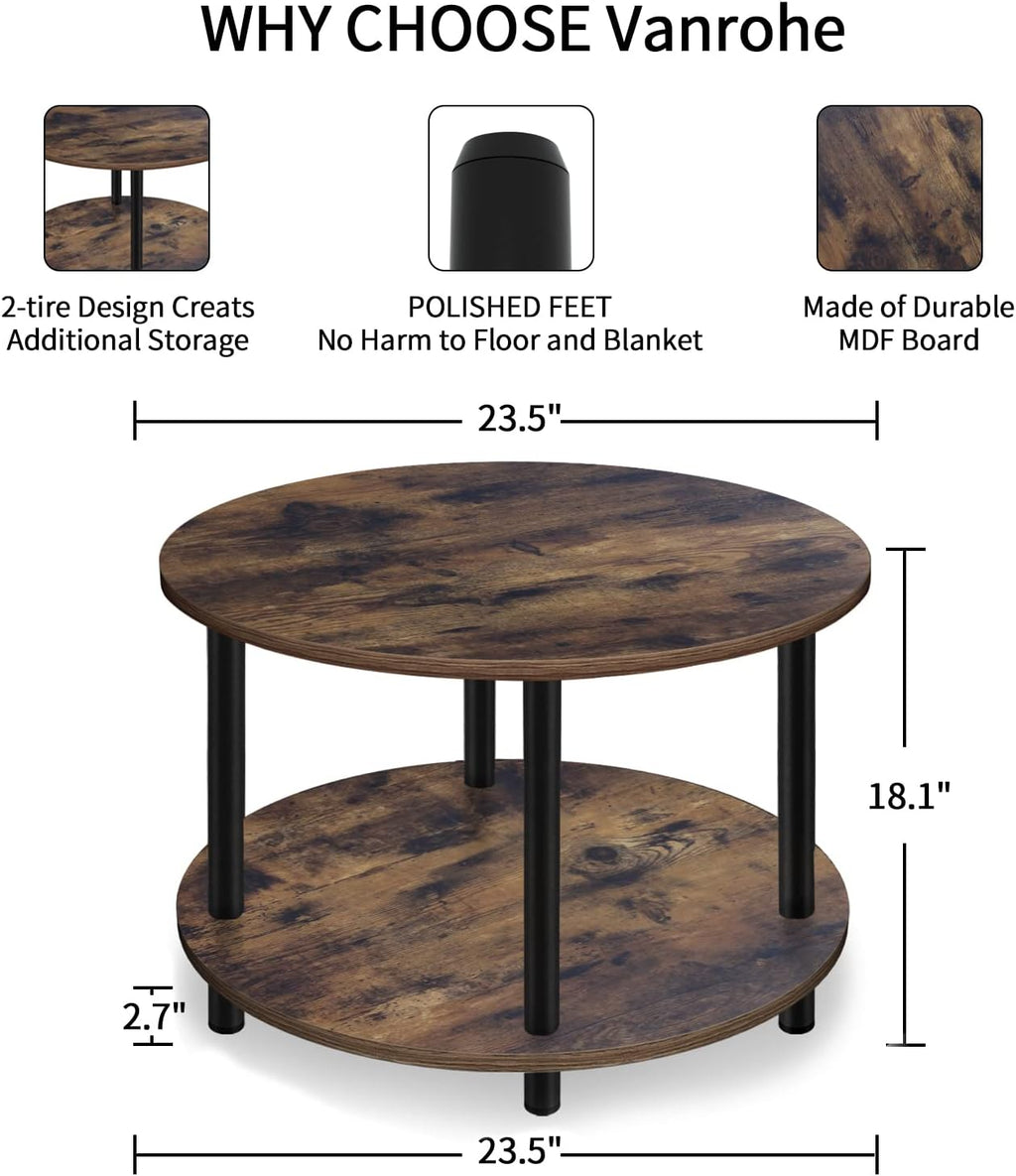 Small Round Coffee Table for Small Space, 23.5" 2-Tier Rustic Brown Wooden Coffee Table with Open Storage for Living Room/Balcony/Office, Metal Legs, Easy to Assemble