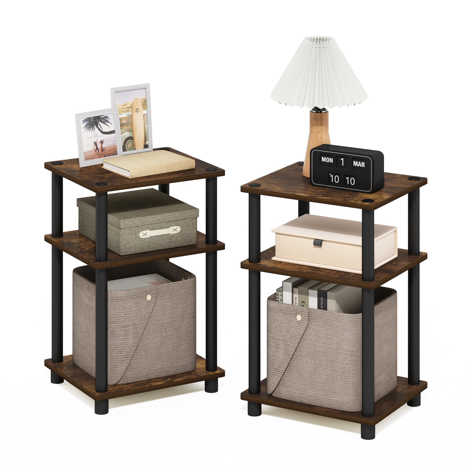 Furinno Just 3-Tier Turn-N-Tube End Table / Side Table / Night Stand / Bedside Table with Plastic Poles, 1-Pack, French Oak Grey/Black