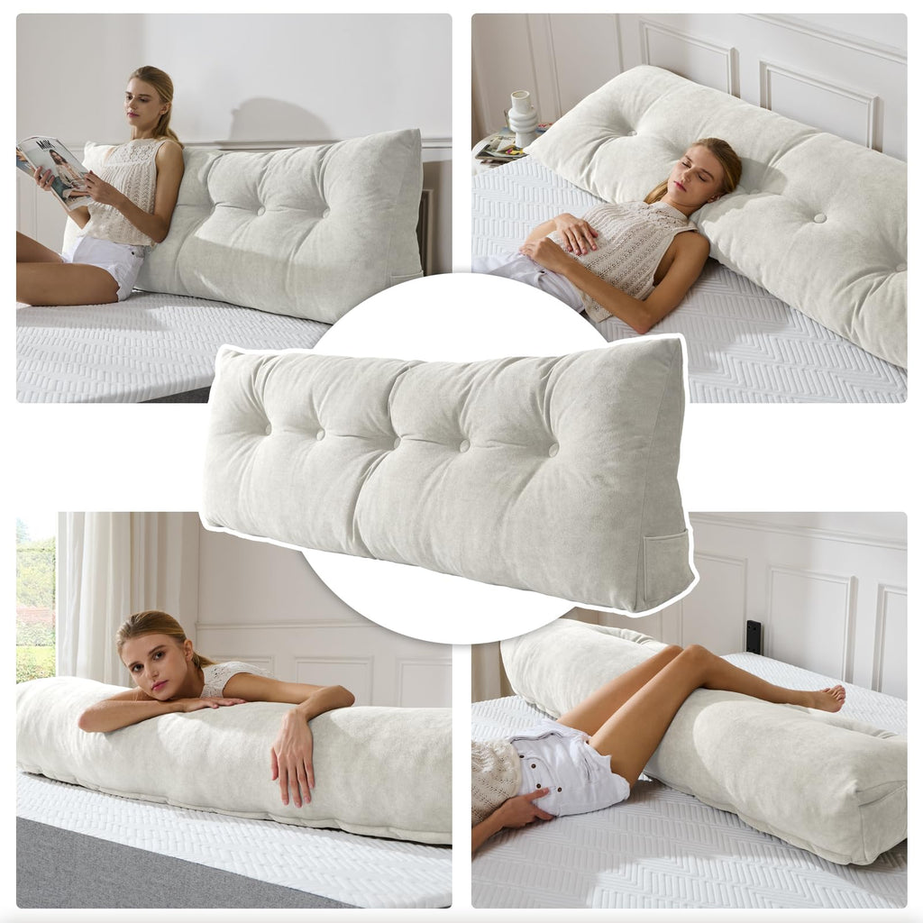 Lukace Premium kilepude hovedgærde med aftageligt betræk - trekantet læsestøtte ryglæn til seng med sidelommer, perfekt til læsning og TV (beige enkeltsengsstørrelse, 39x8x20 tommer)