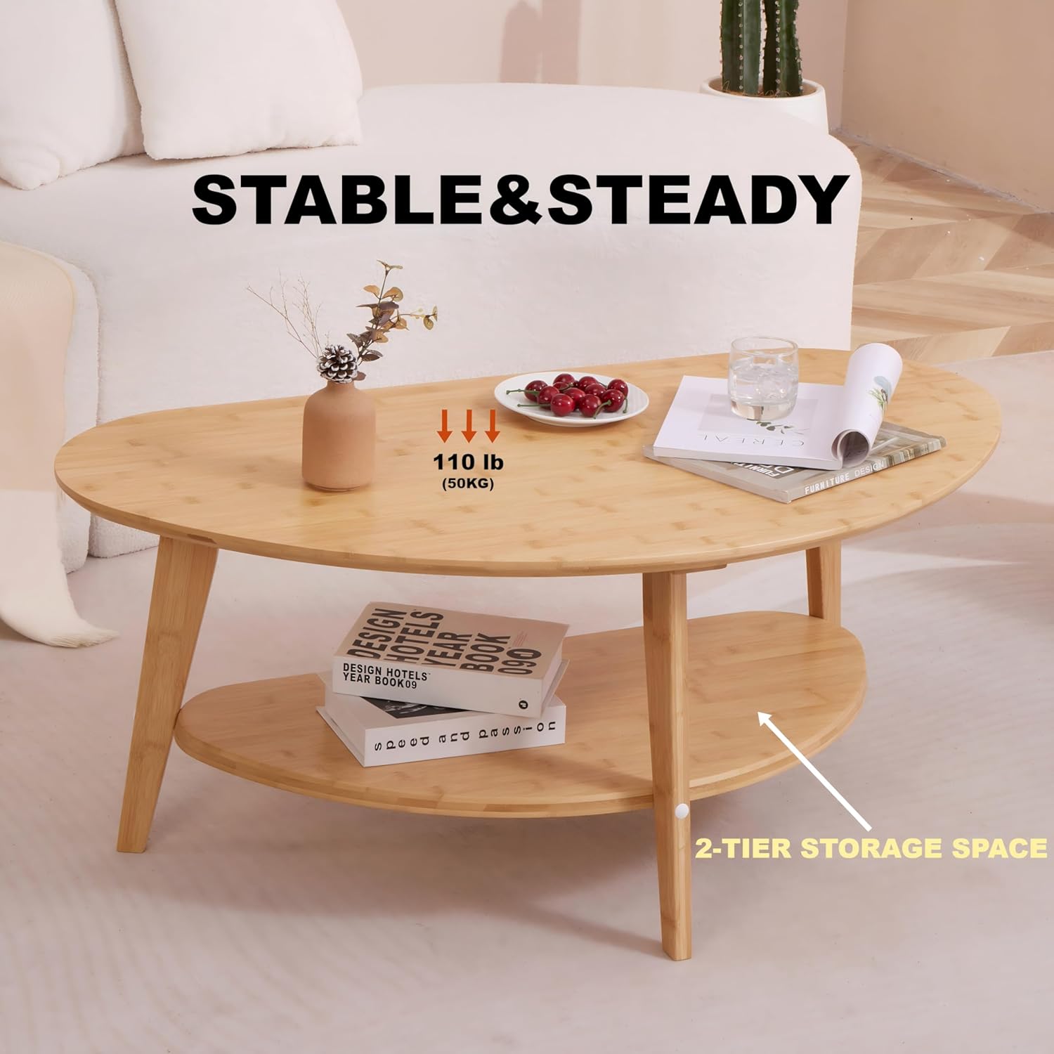 Mid Century Modern Coffee Table for Living Room, FSC Certifiled, 100% Solid Wood 2 Tier Oval Coffee Table, Wooden Center Table for Home Office, 40.2'' x 22'' Easy Assemble (Natural)