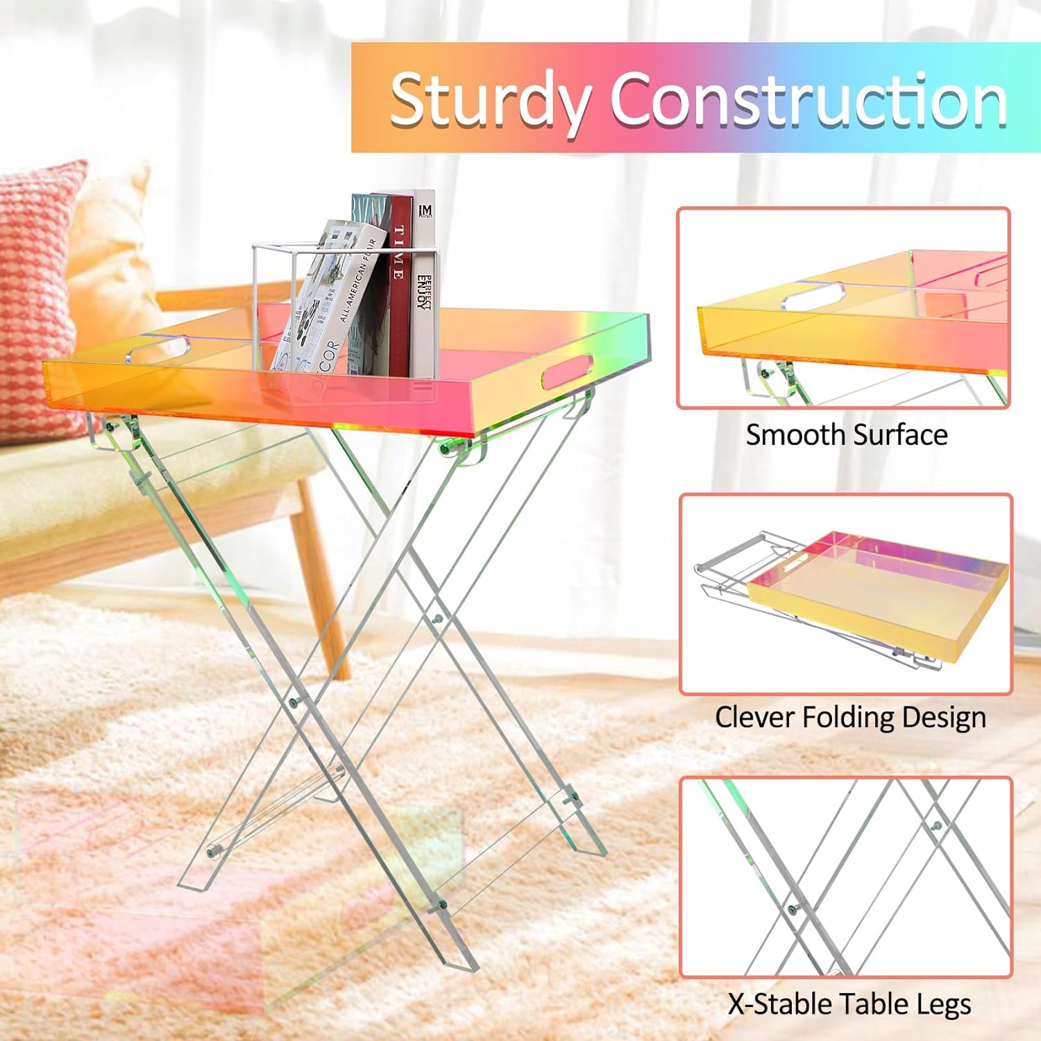 Acrylic Folding Tray Table, Rainbow Color Acrylic Coffee Table, Iridescent Side Table Modern Accent Square End Table for Coffee, Drink, Food, Snack for Living Room & Bedroom