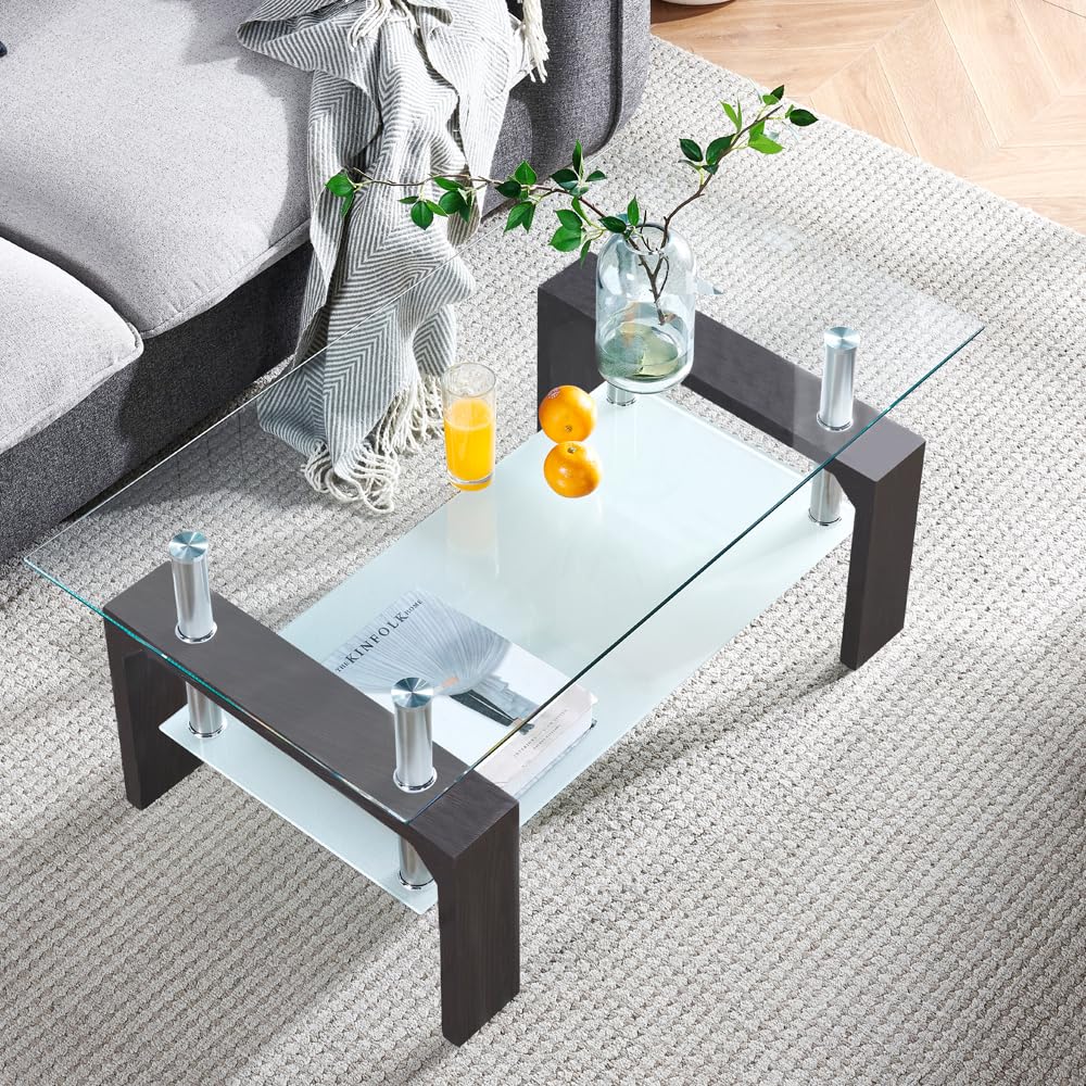 Btrpily Living Room Rectangle Coffee Table, Tea Table Suitable for Waiting Room, Modern Side Coffee Table with Wooden Leg, Glass Tabletop with Lower Shelf, 39.5D x 23.5W x 17.5H in, Black