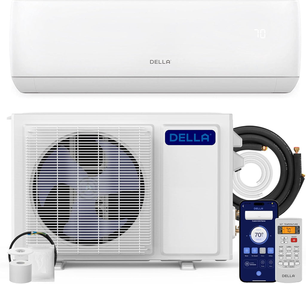 DELLA Motto Series 18000 BTU Wifi Enabled Mini Split 19 SEER2 Cools Up to 1000 Sq.Ft, 208-230V, Works with Alexa, Air Conditioner & Heater with Pre-Charged Heat Pump