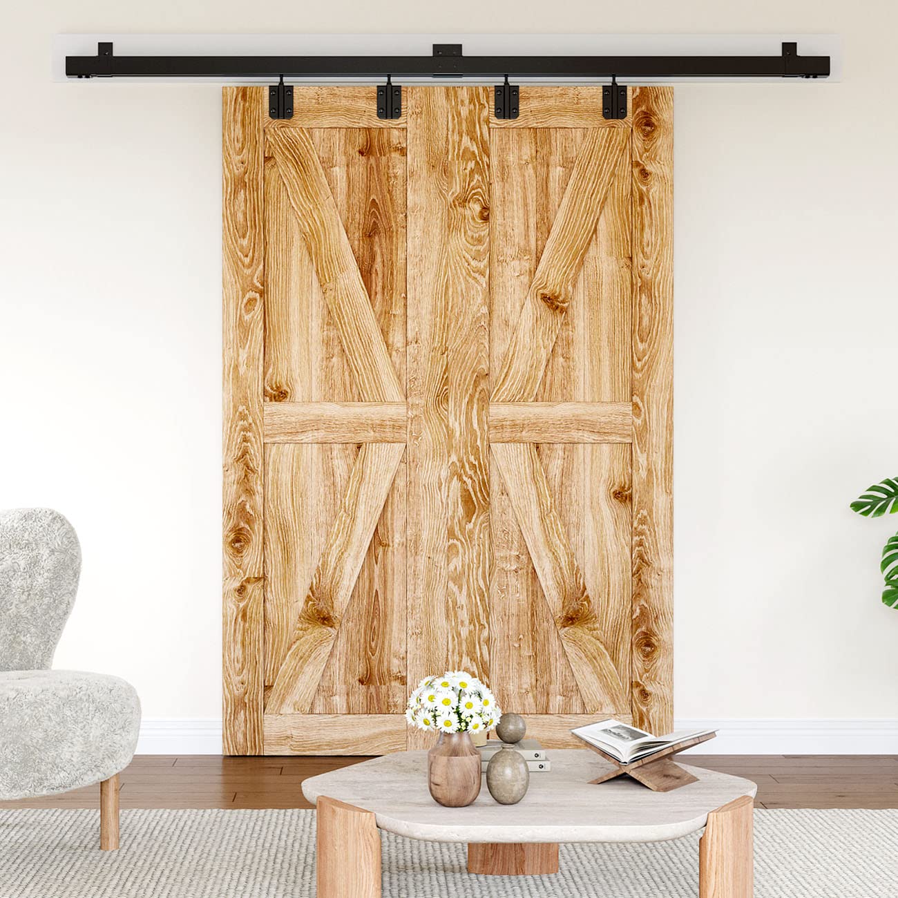 SMARTSMITH 8FT Box Rail Hardware Heavy Duty Steel Sliding Barn Door Track, Wall Mount Kit, Fit Indoor and Exterior Door, Smoothly and Quietly Easy to Install Double Door