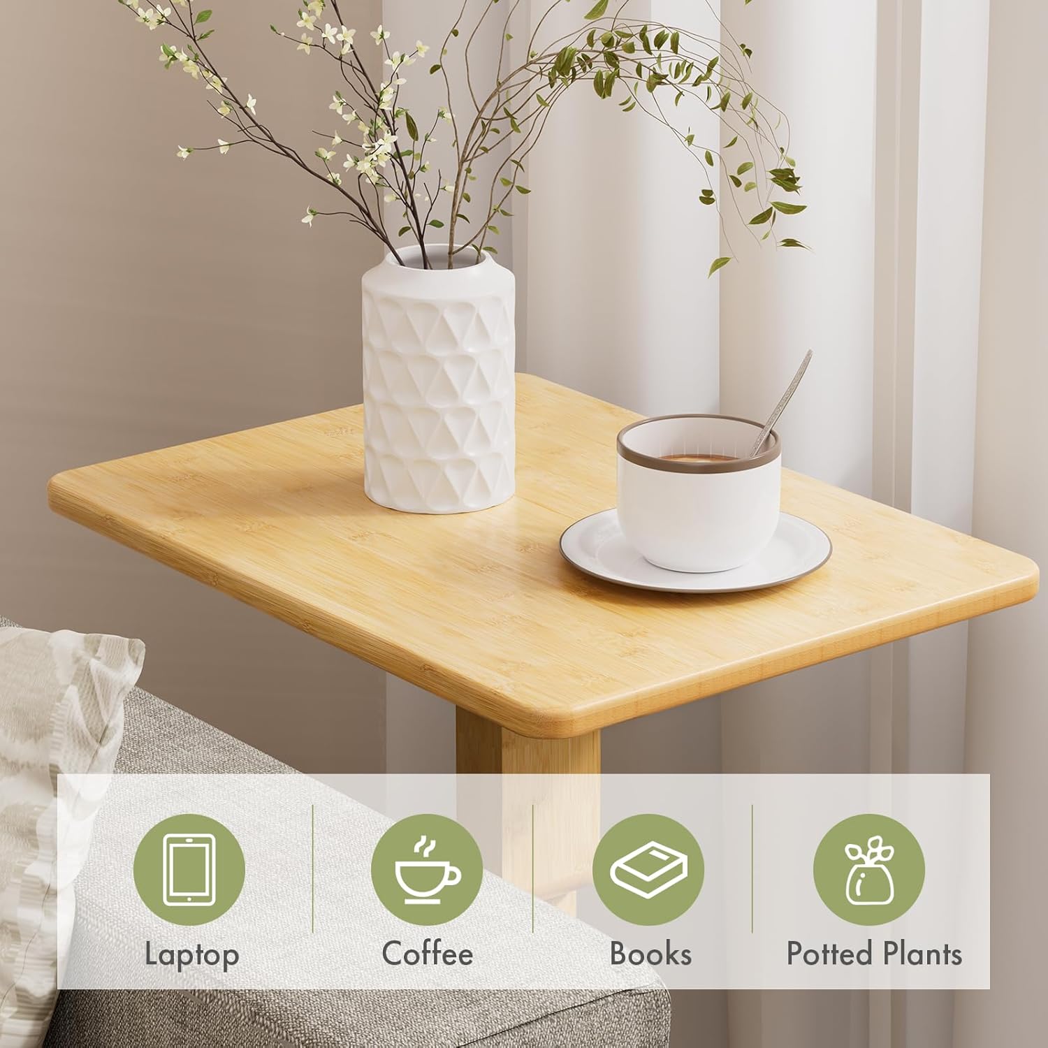Amazer Bamboo End Table, Height Adjustable Side Table for Couch, Small Drink Table for Small Places, Sofa Tray Table for Living Room, Bedroom Home Office, Natural Color