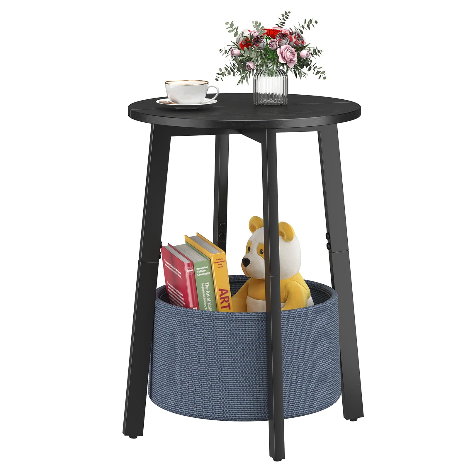Small Round Side End Table with Cloth Storage Basket, Round Bedside Sofa Couch Coffee Tables for Small Places with Metal Frame, Modern Nighstands for Living Room Bedroom, Grey