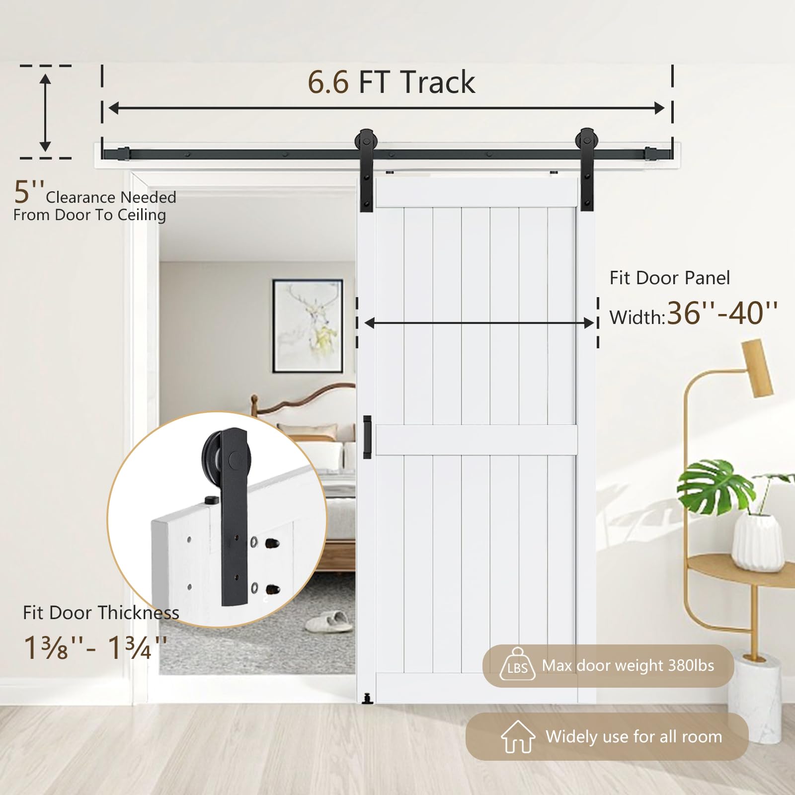 Arti-Life Sliding Barn Door Hardware Kit 6.6 FT Heavy Duty-Smoothly and Quietly- Easy to Install with Adjustable Floor Guide, Door Hook and 2 Handles - Fit 1 3/8-1 3/4" Thickness(I Shape Hanger)