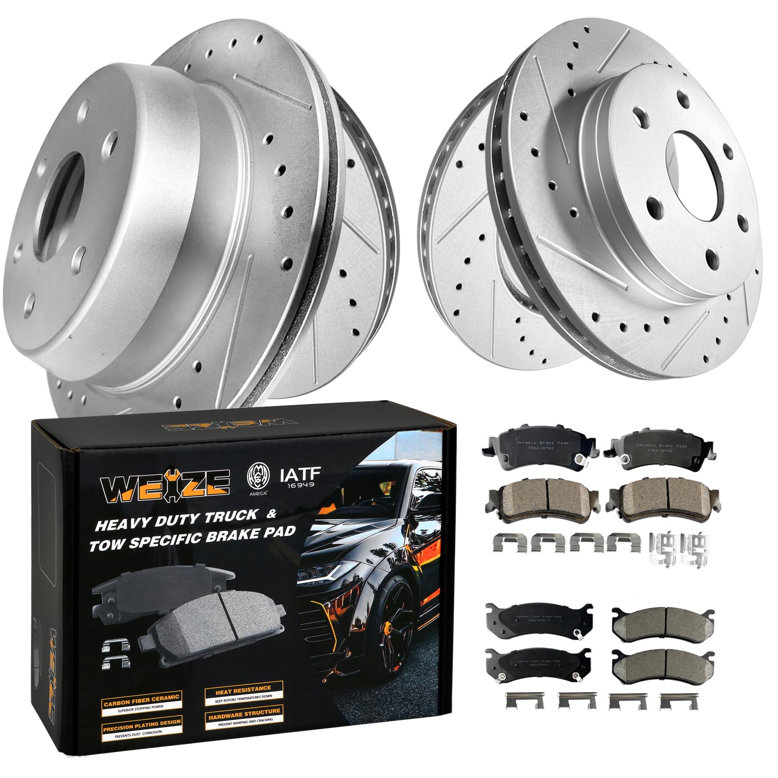 WEIZE Front +Rear Truck & Tow Brake Kit, Carbon Fiber Ceramic Brake Pads & Drilled/Slotted Brake Rotors, Fit for Dodge Ram 1500 & Classic Durango Chrysler Aspen, 5 Lug