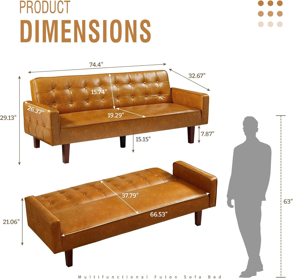 IULULU Futon Sofa Bed, Modern Convertible Faux Leather Sleeper Couch with Armrests for Studio, Office, Apartment, Compact Living, Game Room, Overnight Guests, Retro Brown