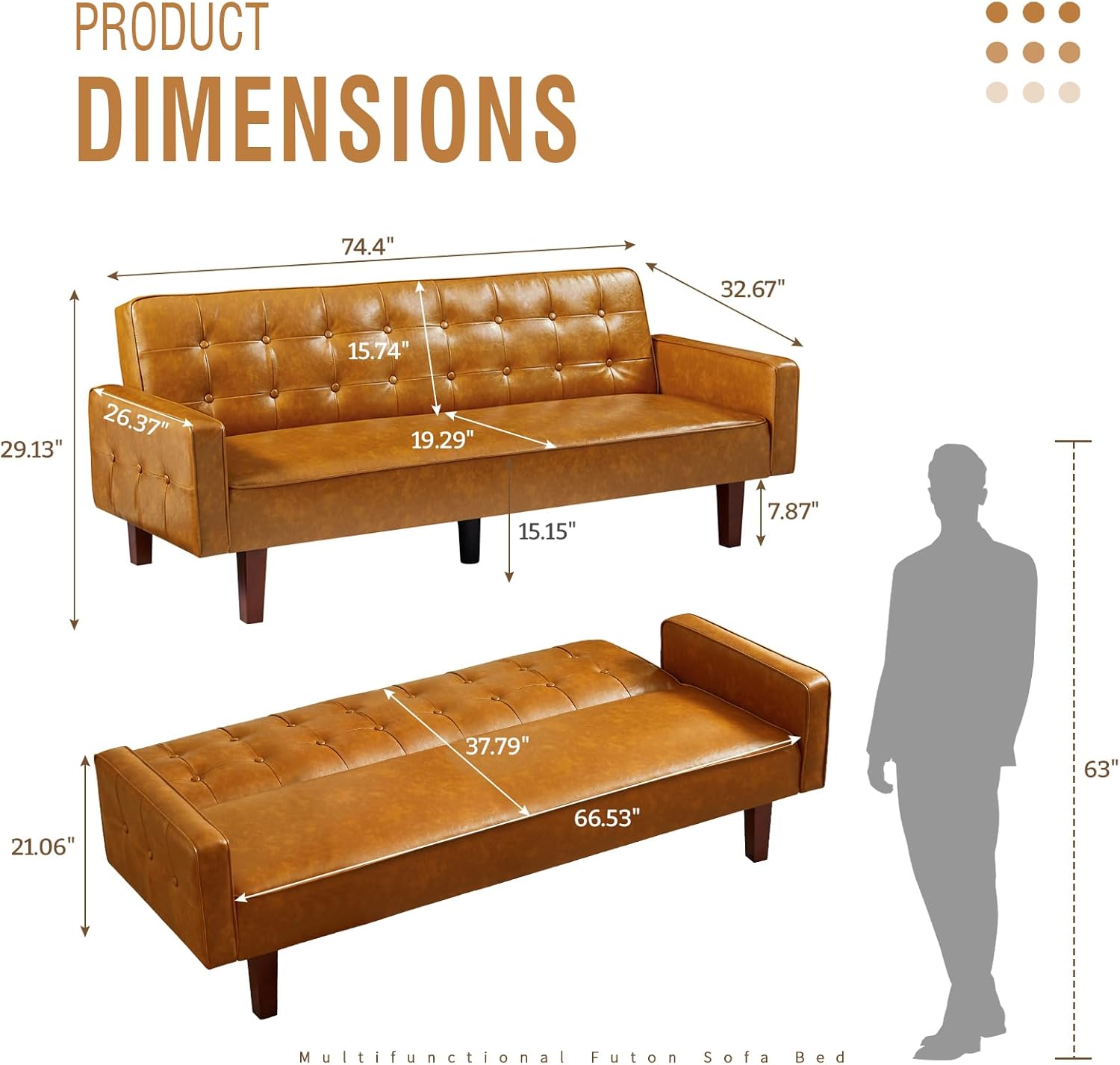 IULULU Futon Sofa Bed, Modern Convertible Faux Leather Sleeper Couch with Armrests for Studio, Office, Apartment, Compact Living, Game Room, Overnight Guests, Retro Brown