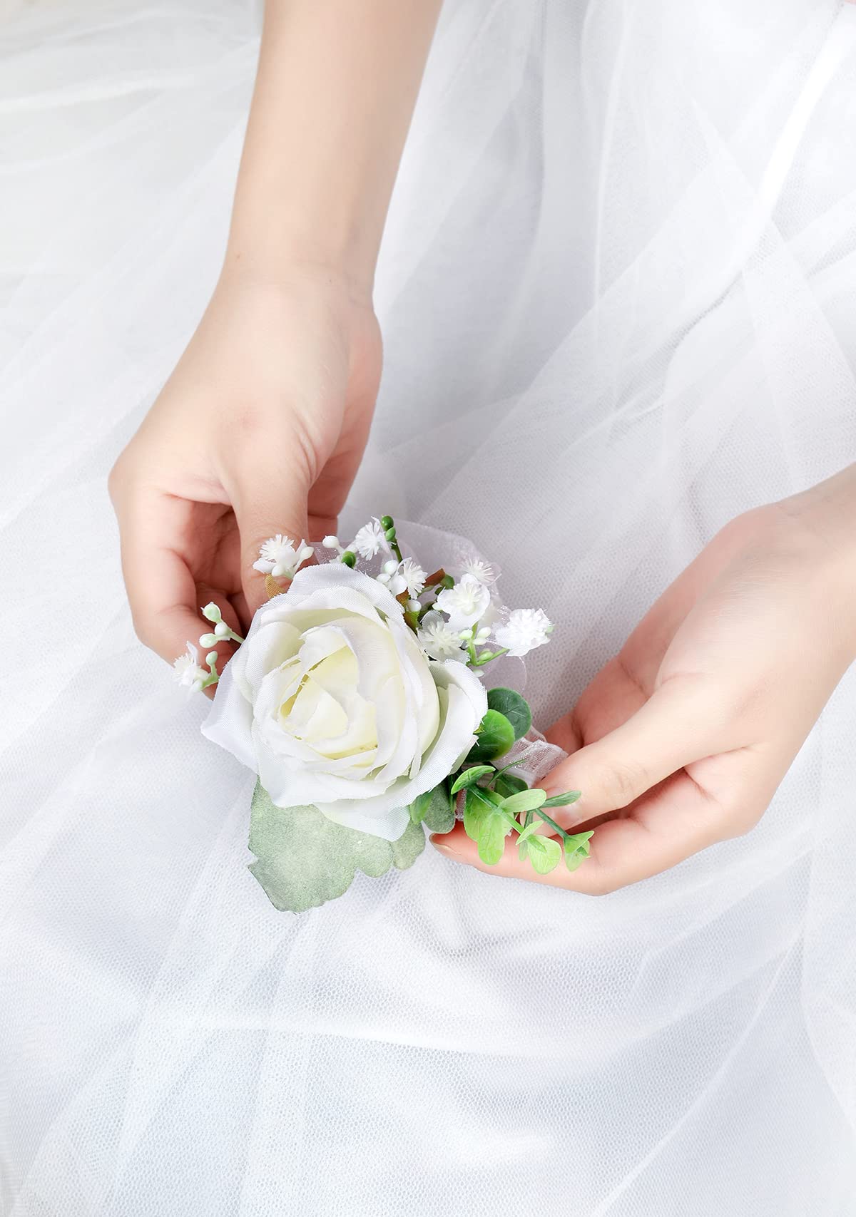 ست گل سینه و گل مچ دست YSUCAU، گل رز عاجی برای گل سینه، دستبند گل مچ دست برای جشن فارغ‌التحصیلی، گل مچ دست برای بازگشت به خانه، گل سینه مردانه برای لوازم جانبی گل عروسی و تزئینات کت جشن فارغ‌التحصیلی