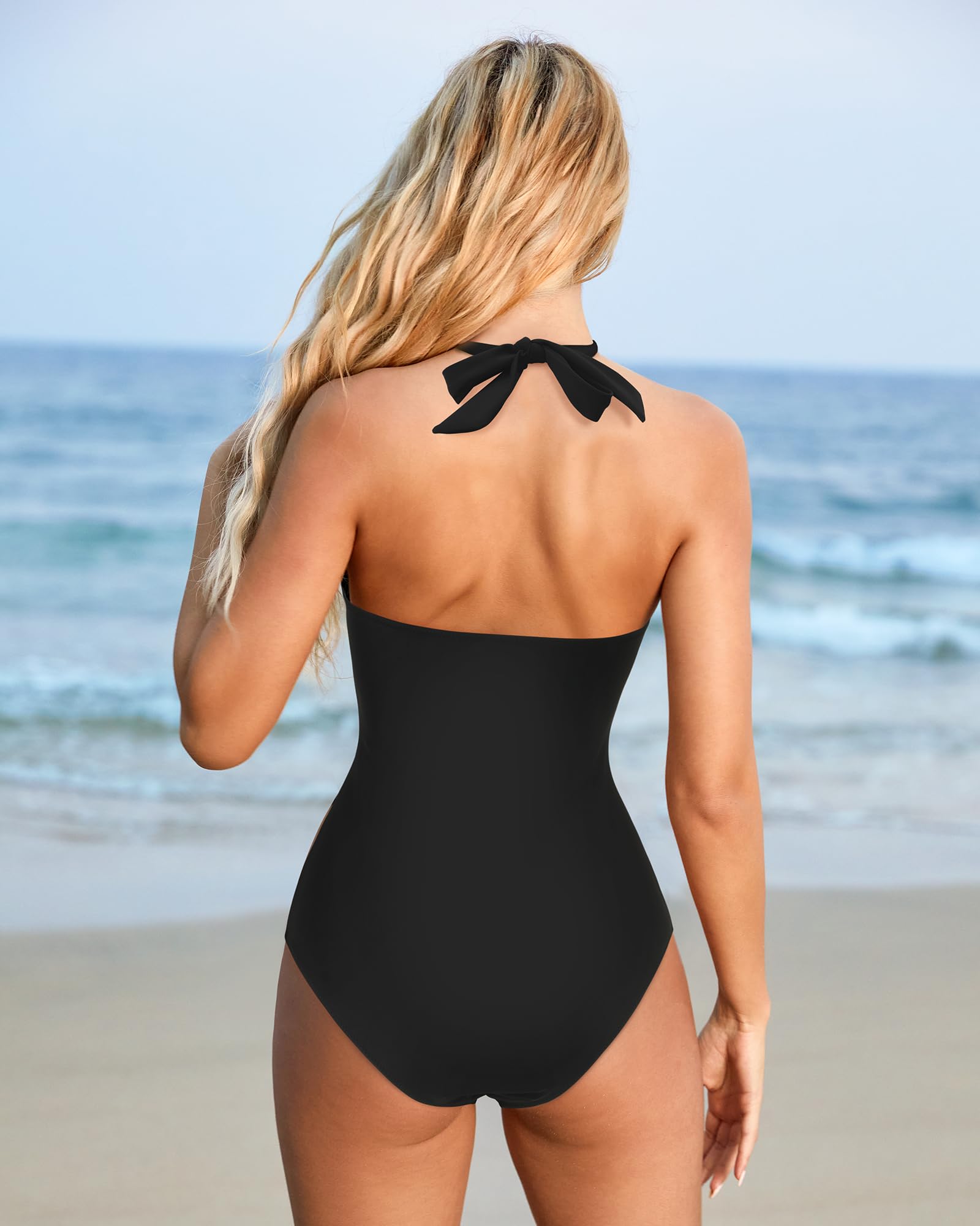 SUUKSESS Women Sexy Tummy Control One Piece Swimsuits Halter Push Up Monokini Bathing Suits (Black, L)