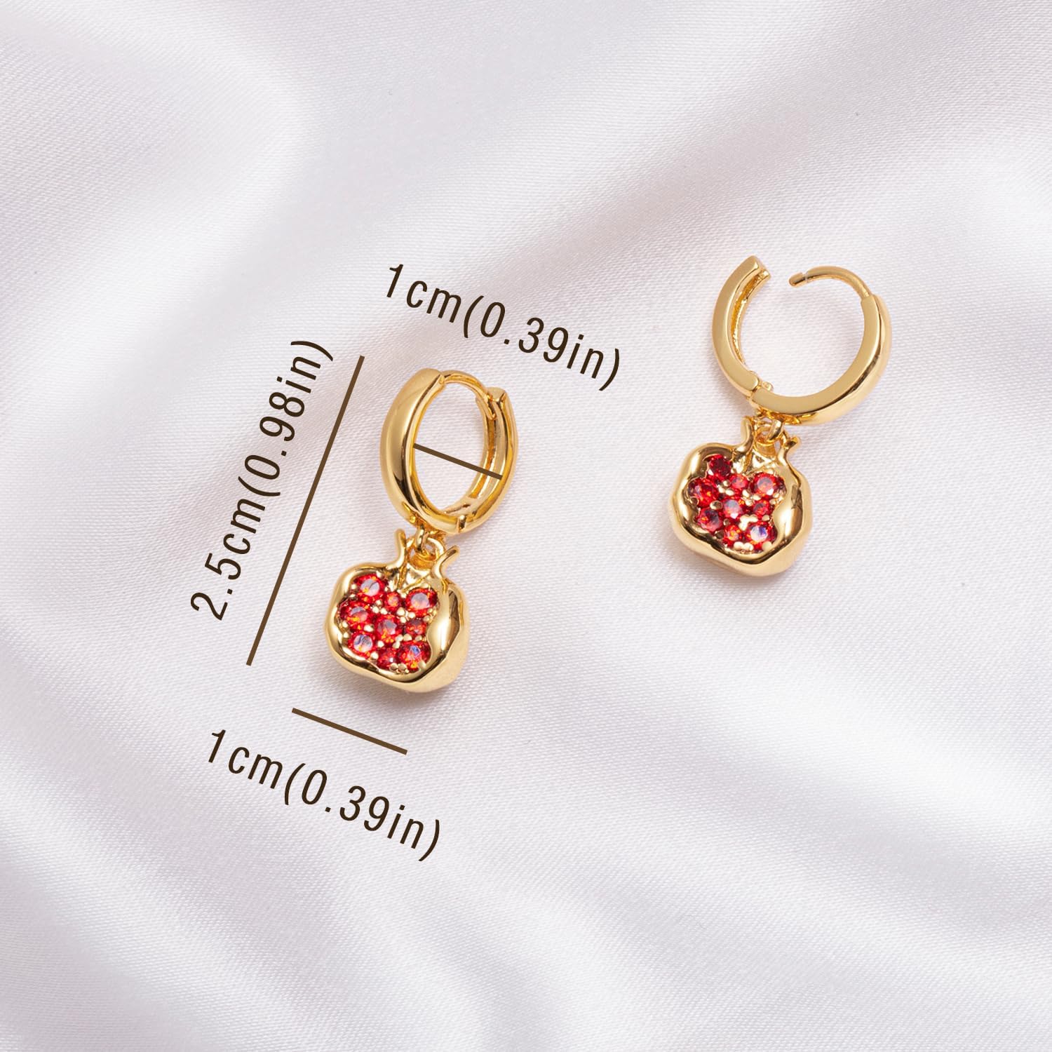 Premium Cubic Zirconia Inlay Red Pomegranate Pendant 18k Gold Plated Stainless Steel Hoop Earrings for Women