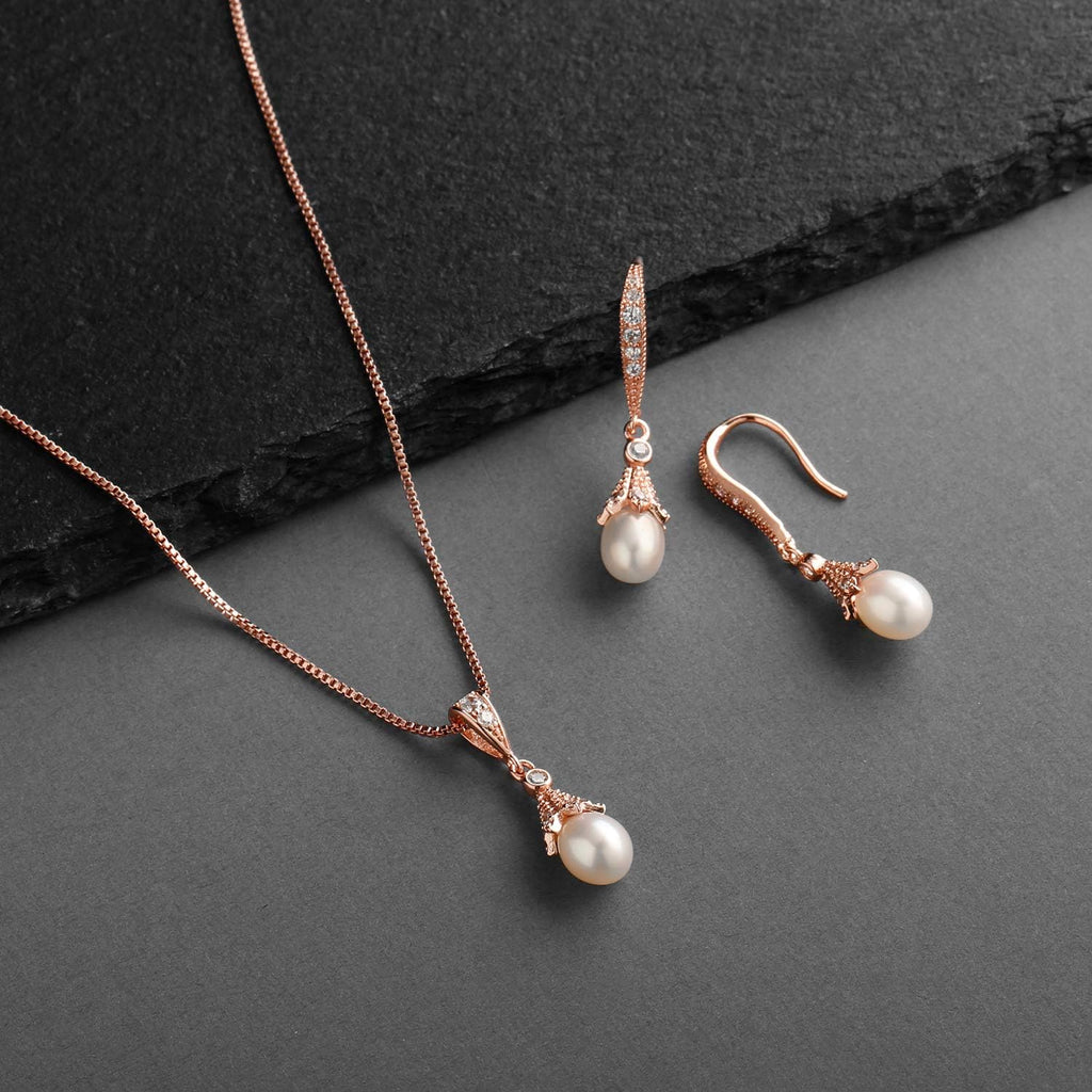 Mariell Rose Gold Wedding Necklace & Earrings Jewelry Set with Freshwater Pearl for Bridesmaids & Brides