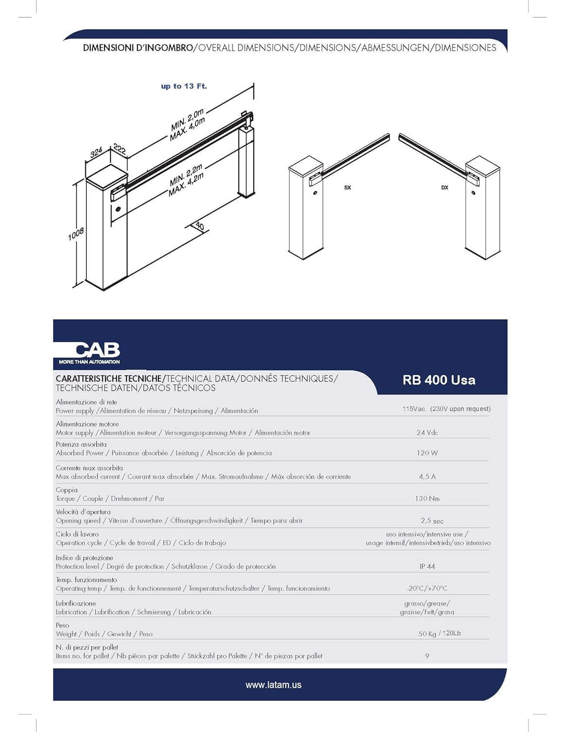 BENINCA Barrier GATE Operator with 165” ARM (RB400US KIT) Made in Italy