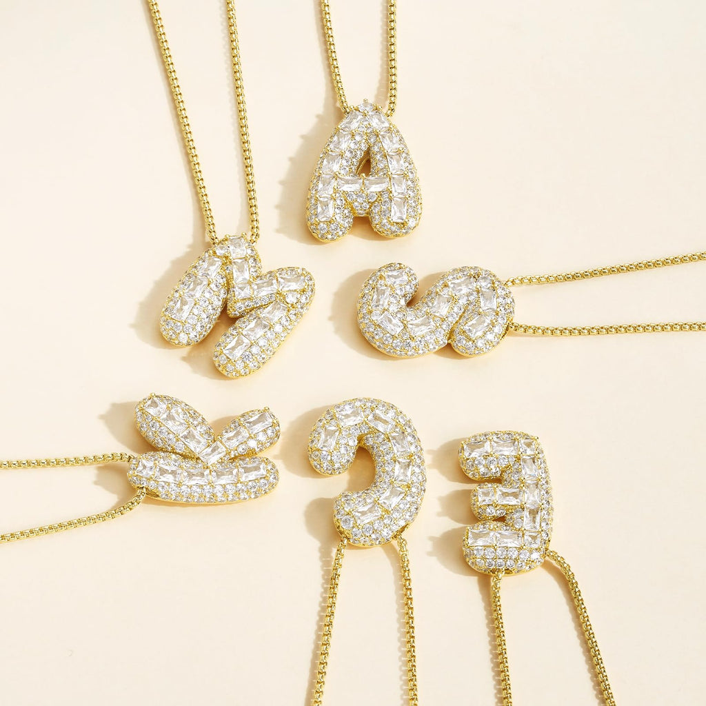 KissYan Bubble Letter Necklace, 14K Gold Plated Personalized Puffy Balloon Initial Pendant with Elegant Box Chain, Inlaid Square & Round CZ Stones for Women Dainty Jewelry Gifts (Gold R)