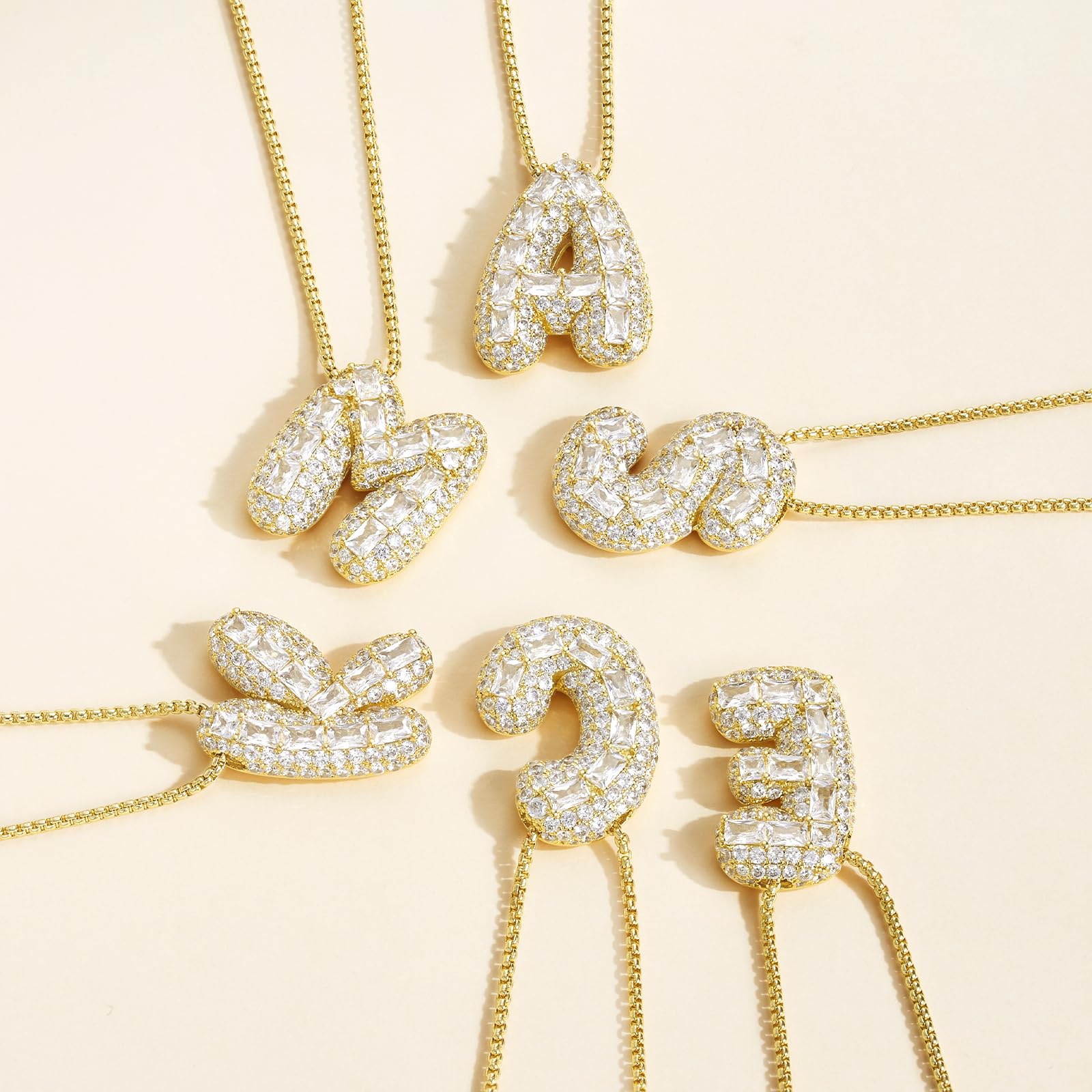KissYan Bubble Letter Necklace, 14K Gold Plated Personalized Puffy Balloon Initial Pendant with Elegant Box Chain, Inlaid Square & Round CZ Stones for Women Dainty Jewelry Gifts (Gold R)