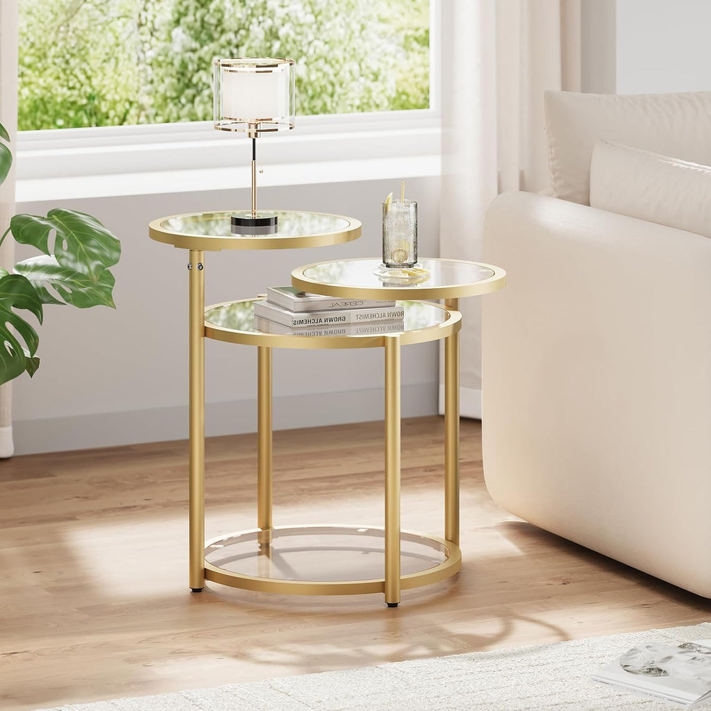 Round Glass Coffee Table - 4 Tier Coffee Tables for Living Room with Rotating Top, Circle Coffee Table with Storage, Modern Clear Center Table with Metal Frame for Small Space, Office, Gold