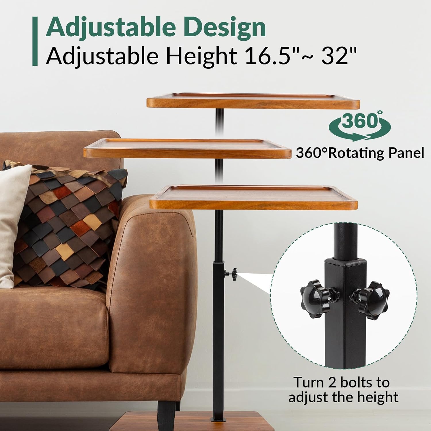 Solid Wood Acacia Wood Couch Table,360° Swivel Height Adjustable C Table with Phone & Tablet Slot,TV Trays for Eating on Couch, Bedroom or Livingroom, Oblong