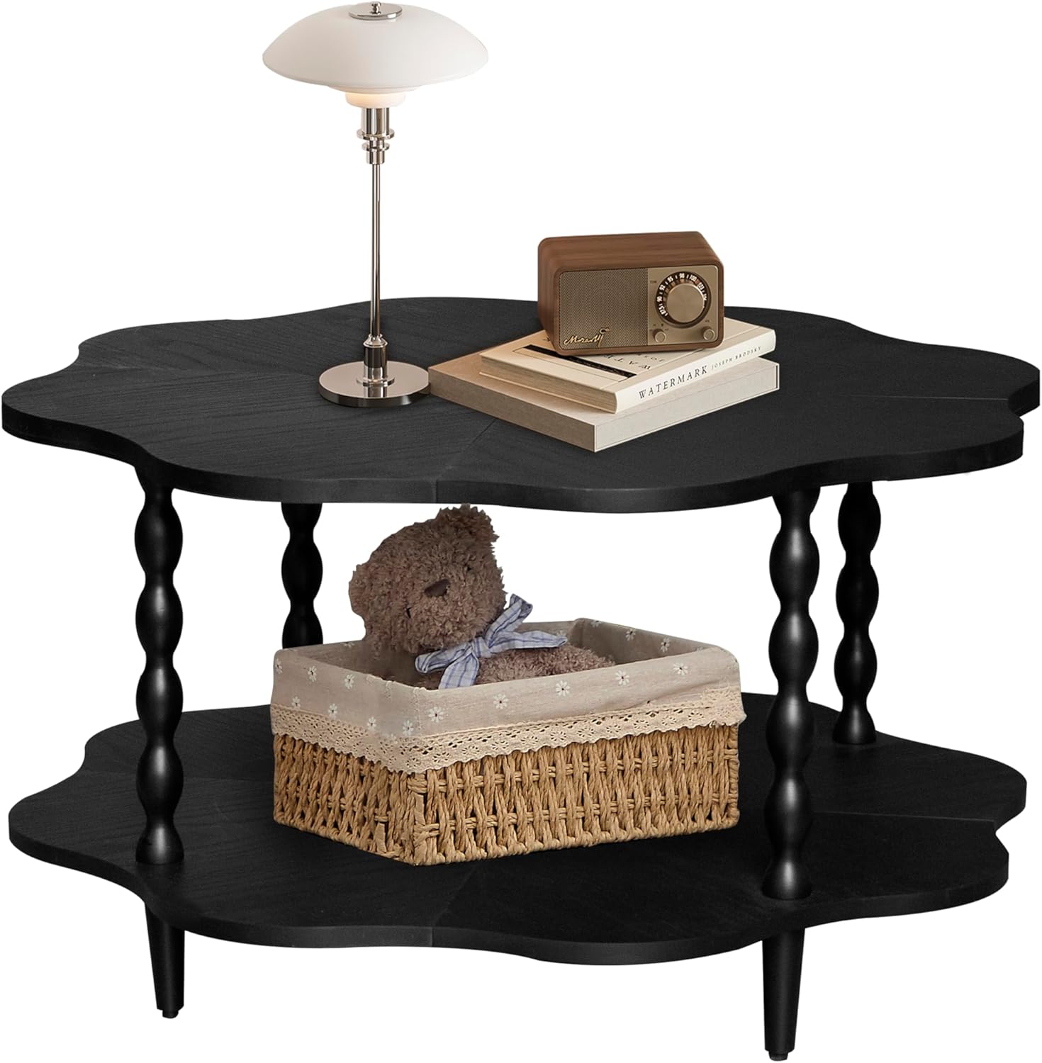 31.5" Coffee Table, 2-Tier Center Table with Storage Shelf for Living Room, Small Space Home Office, Flower Shape, Easy to Assemble