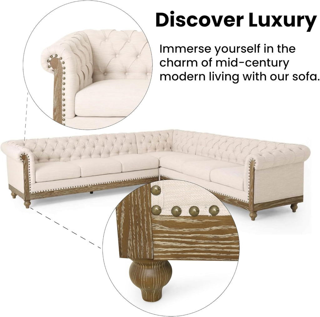 Merax Chesterfield Sofa, Retro Upholstered 6 Seater Rolled Arm Couch for Living Room Bedroom Office, Beige