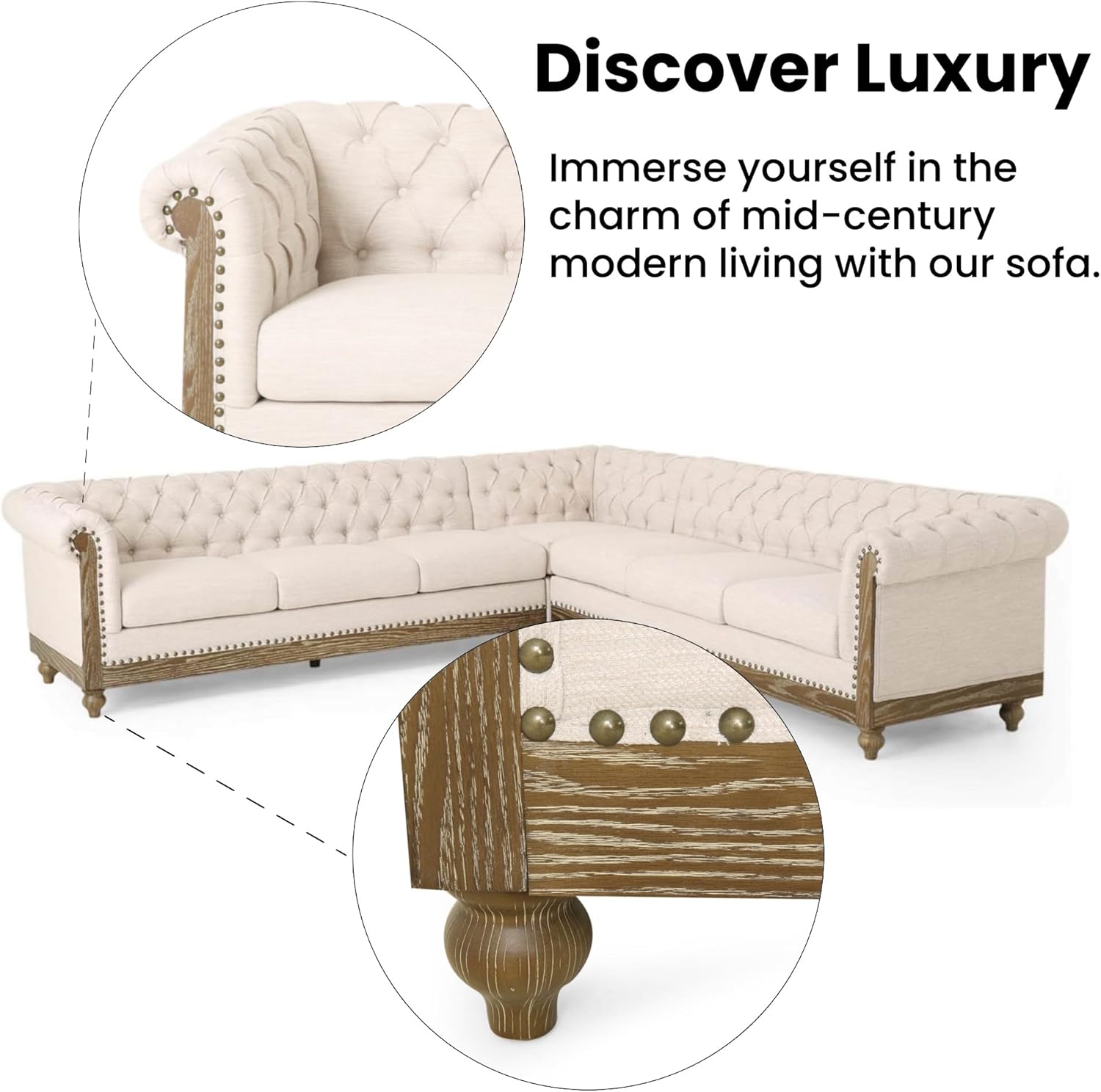 Merax Chesterfield Sofa, Retro Upholstered 6 Seater Rolled Arm Couch for Living Room Bedroom Office, Beige