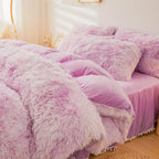 Fluffy Pink Faux Fur Comforter Cover Set，Fluffy Fuzzy Plush Pink Bedding 3Pcs (1 Faux Fur Duvet Cover +2 Fuzzy Pillowcases) Pink Fluffy Bed Set (Pink, Queen)