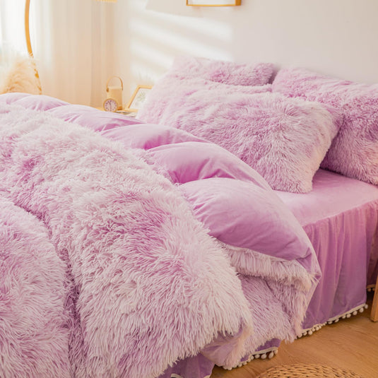 Fluffy Pink Faux Fur Comforter Cover Set，Fluffy Fuzzy Plush Pink Bedding 3Pcs (1 Faux Fur Duvet Cover +2 Fuzzy Pillowcases) Pink Fluffy Bed Set (Pink, Queen)