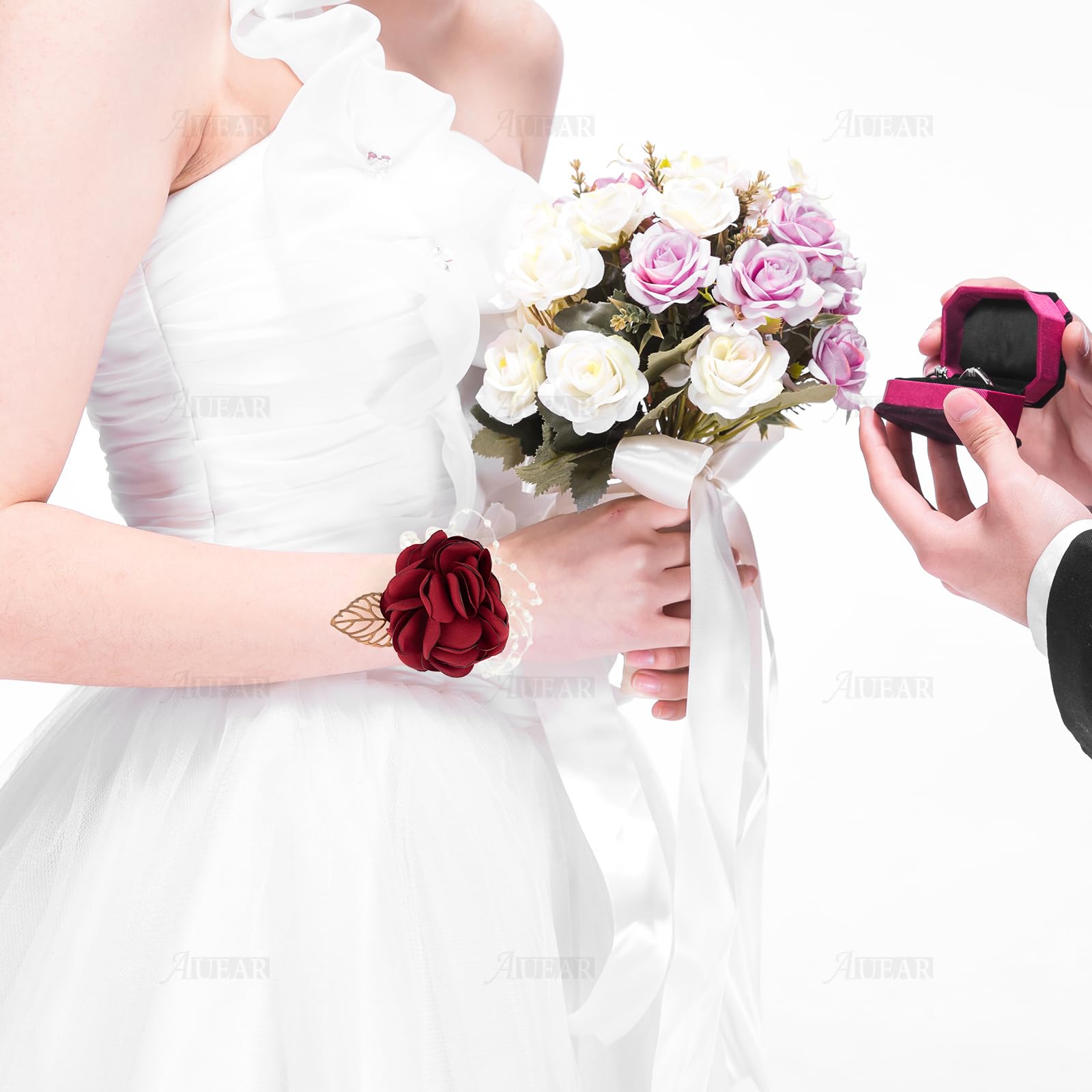 AUEAR, Rose Bridal Burgundy Red Wrist Corsage and Boutonniere Set Bridesmaid Hand Flower for Wedding